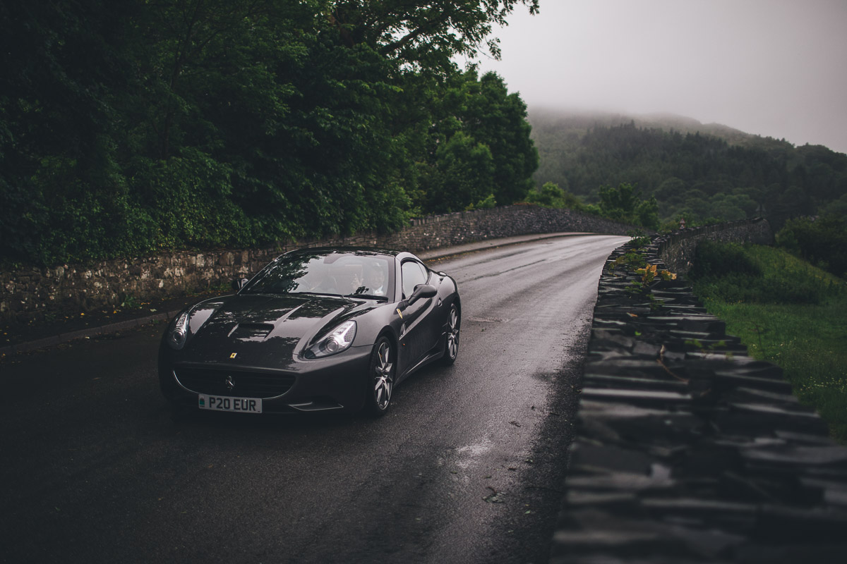 bride arriving at church in a ferrari