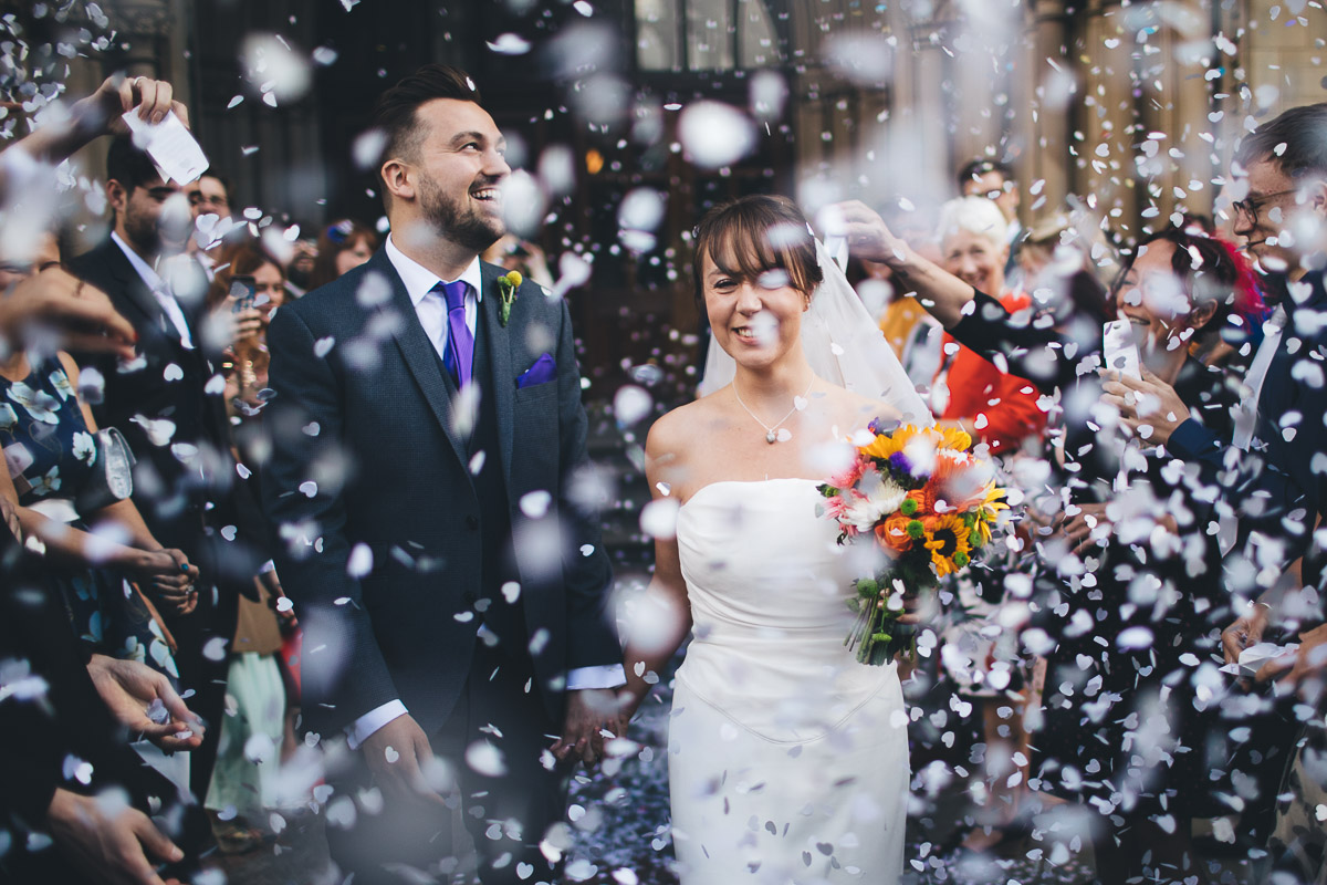 confetti being thrown on couple in alberts square