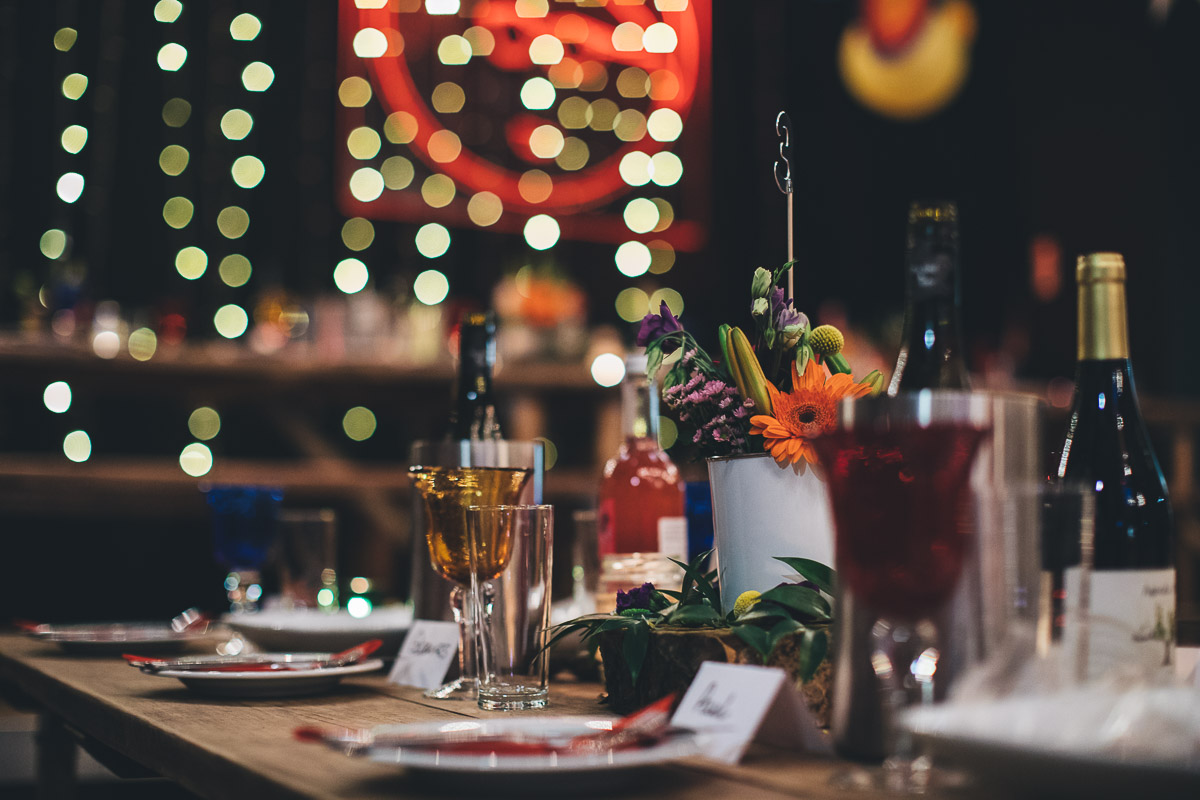 close up shot of table details at band on the wall wedding reception