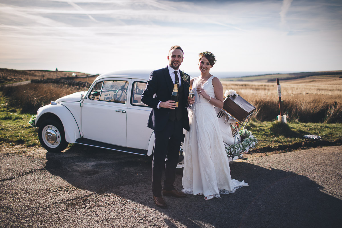 Bride and Groom Champagne Wedding Car VW Beetle Countryside