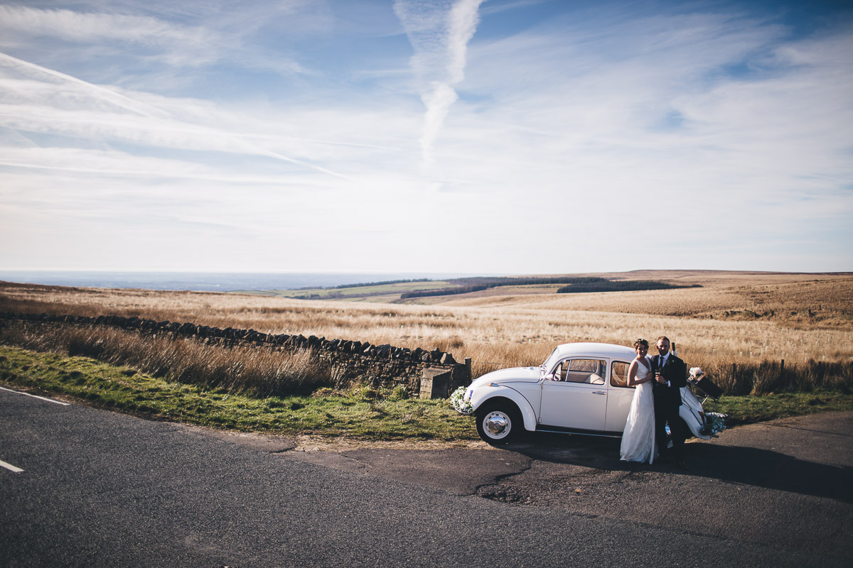 Bride and Groom Wedding Car VW Beetle Landscape Rural Countryside