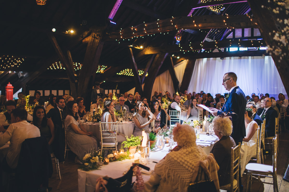 Father of the Bride Rivington Hall Barn Wooden beams Fairy lights Wedding Party