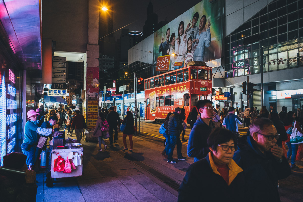 hong kong tram and busy street
