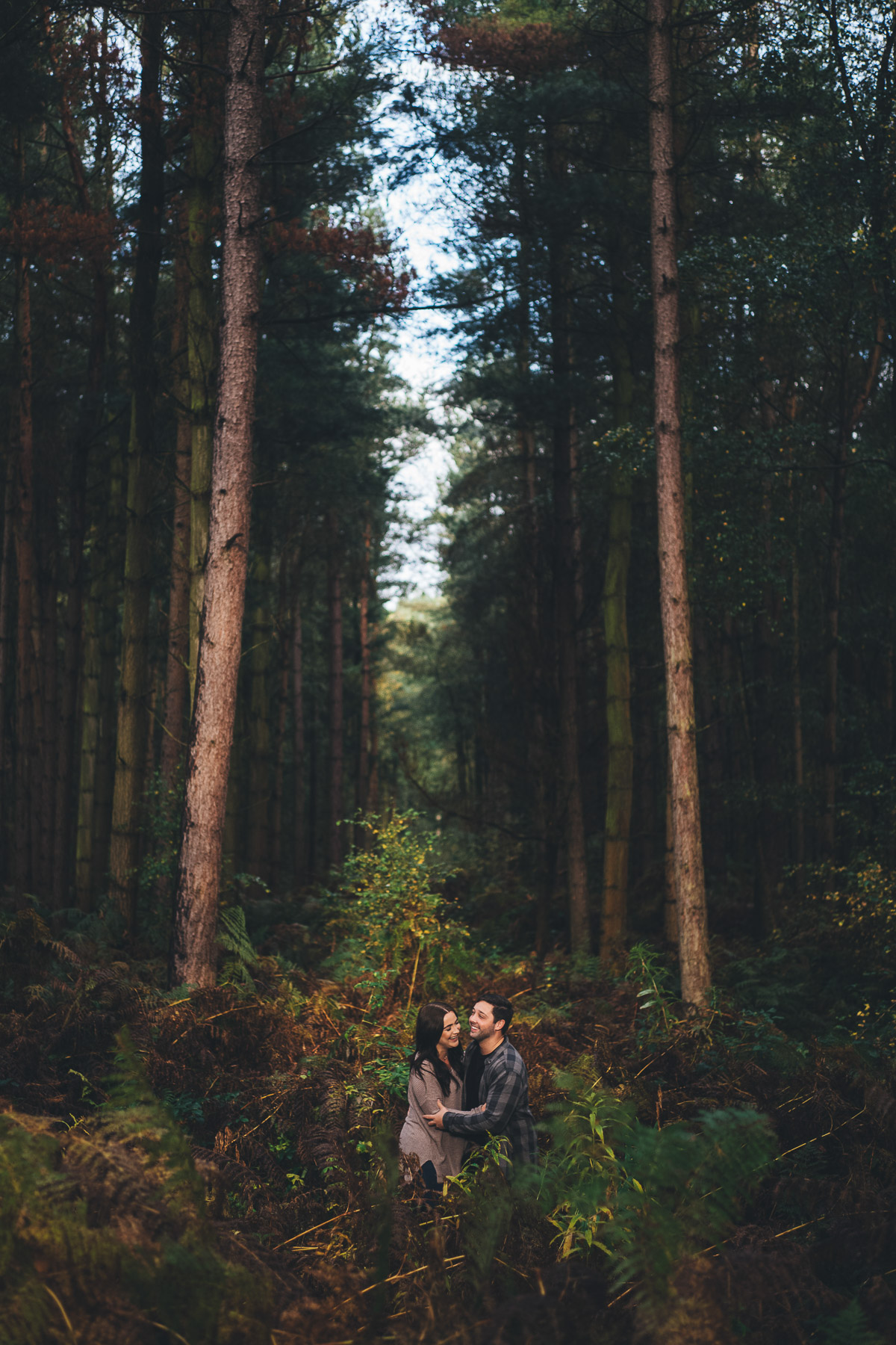 delamere portrait session couple standing under trees in the ferns