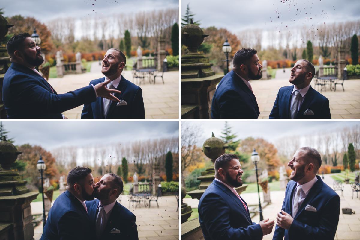 Four pictures of two grooms doing their own confetti shot and kissing underneath the confetti