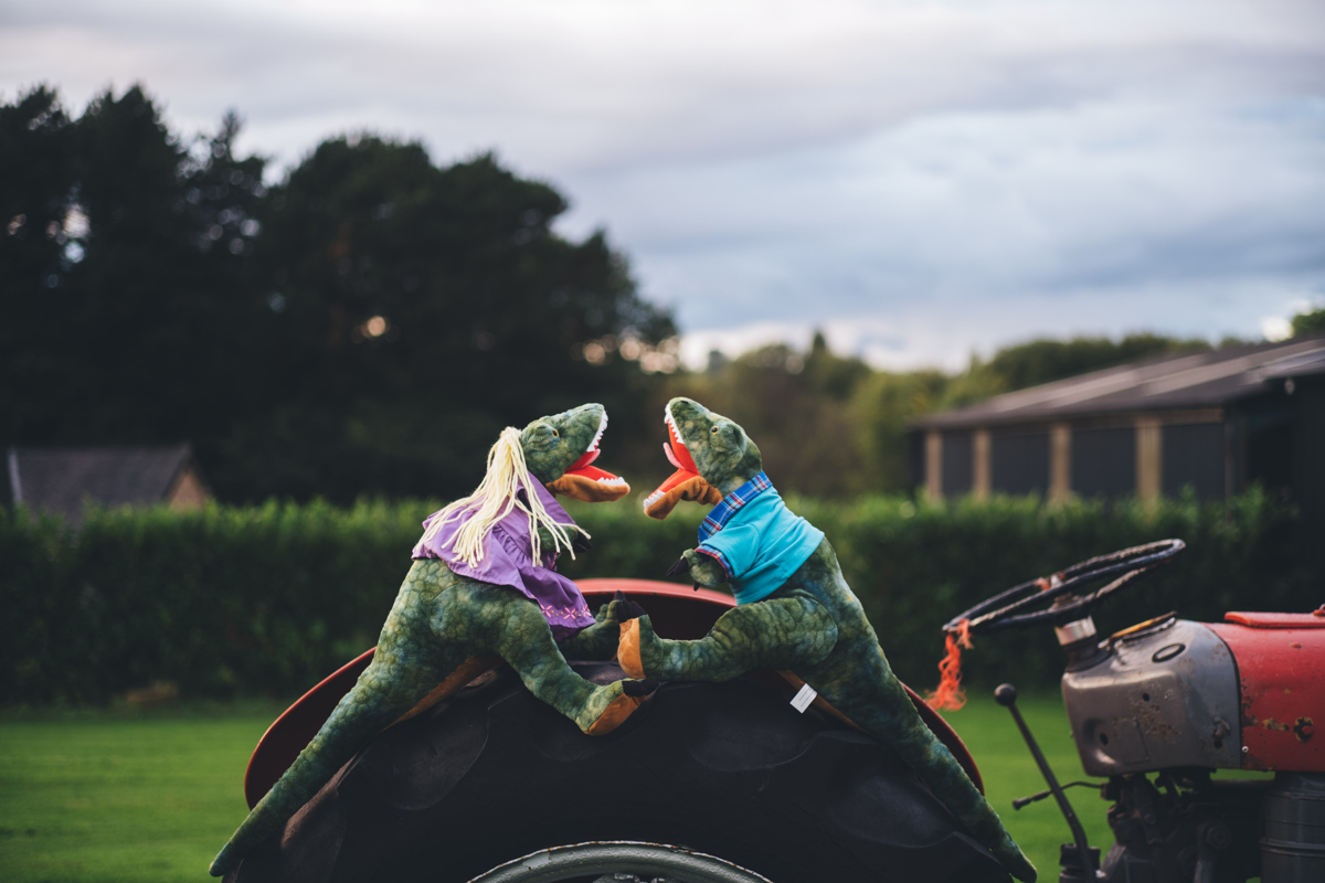 Toy dinosaurs sat on a tractor tyre