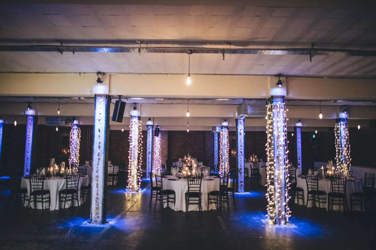 Decorated wedding reception room with fairy lights at Victoria Warehouse, Manchester