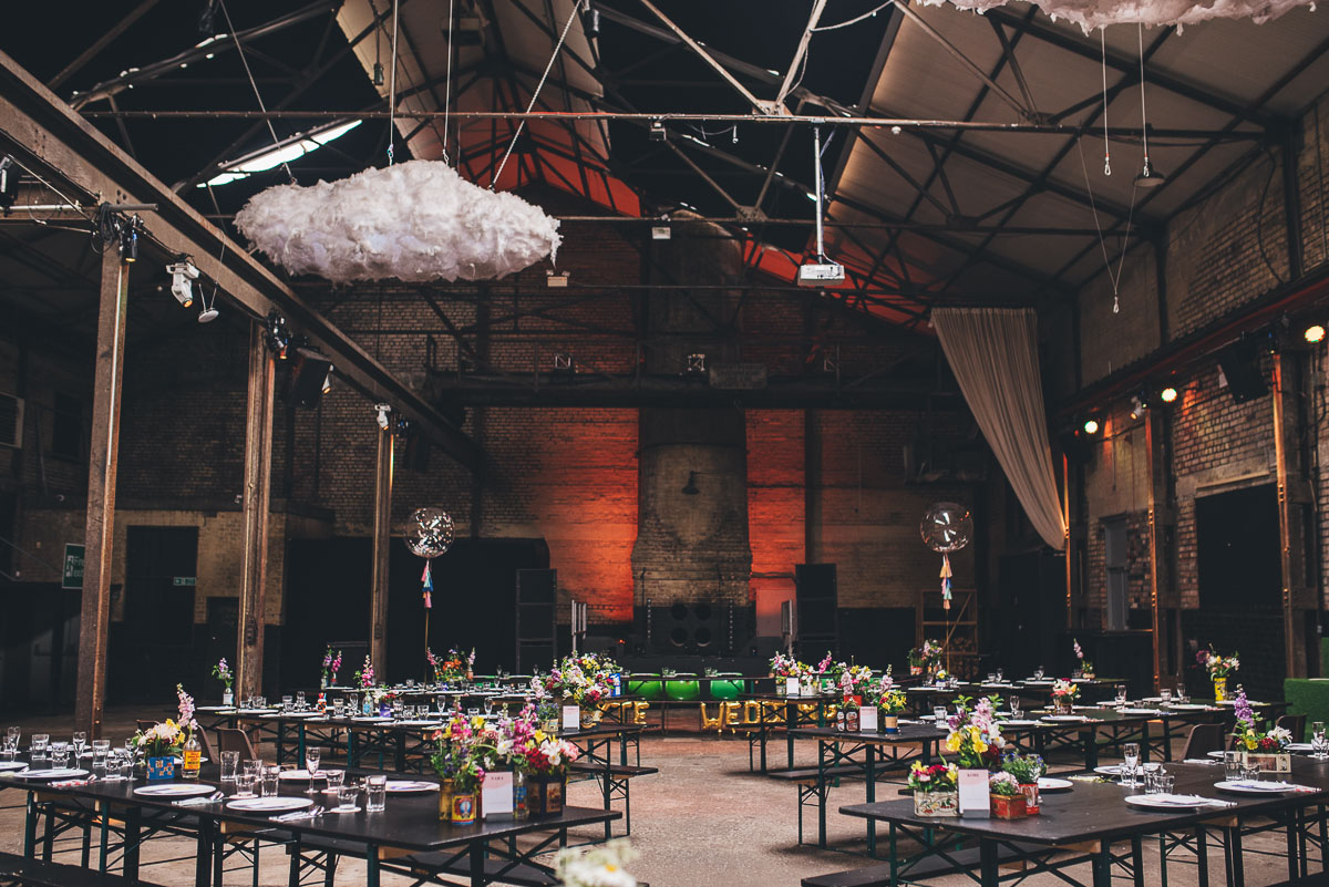 wide angle shot of the interior of camp and furnace wedding venue