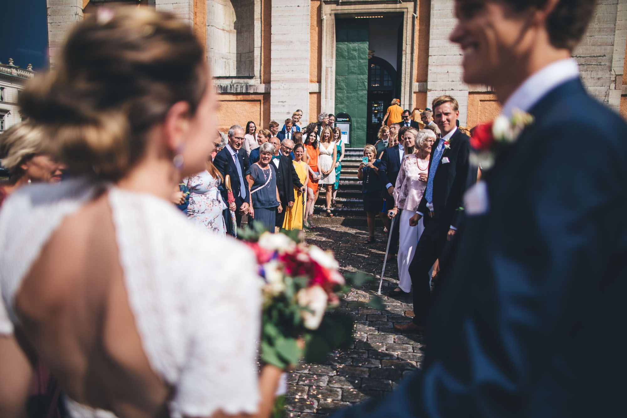 wedding guests after confetti shot