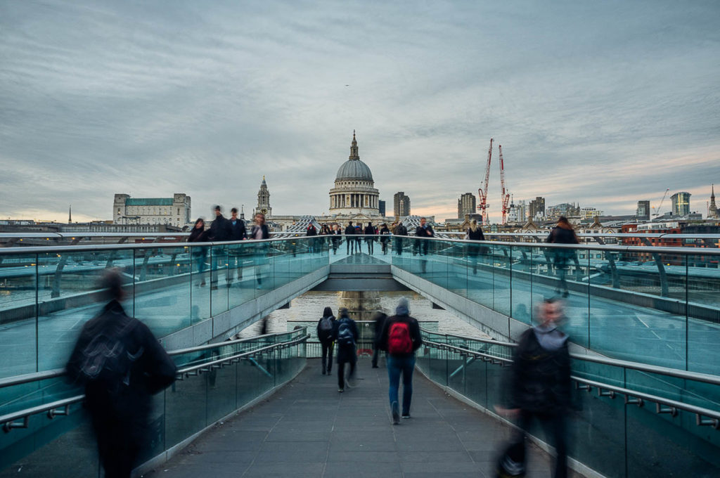 st pauls cathedral bridge with pedestrian motion blur