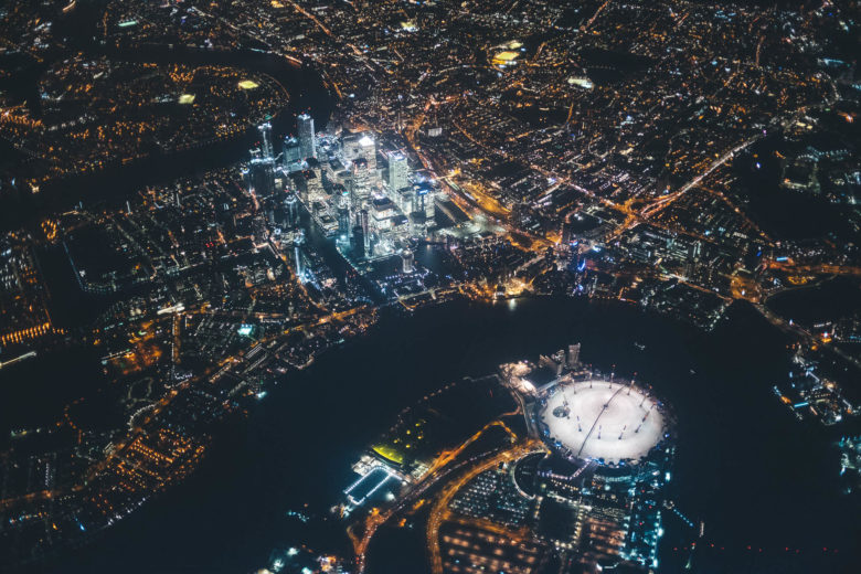 above london city at night, o2 arena and river thames