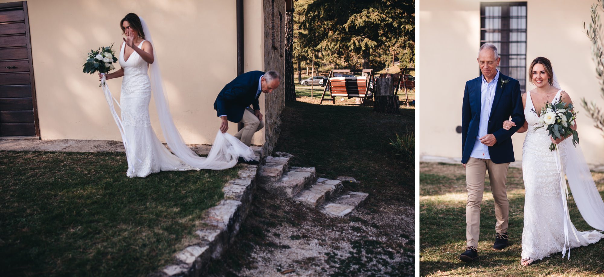 brides dress gets caught on floor and dad helps release it in funny moment