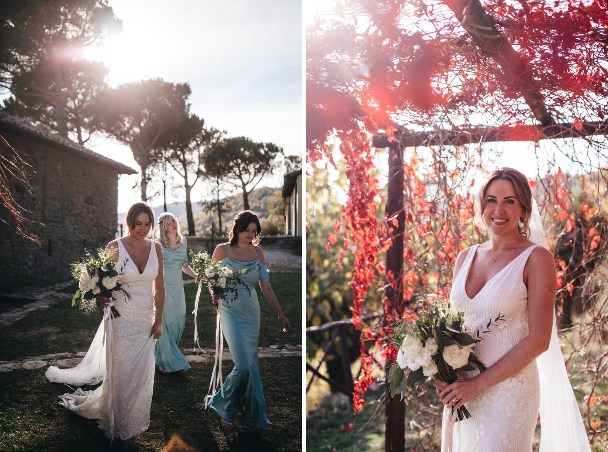 bride and maids back lit by the sunshine in italy