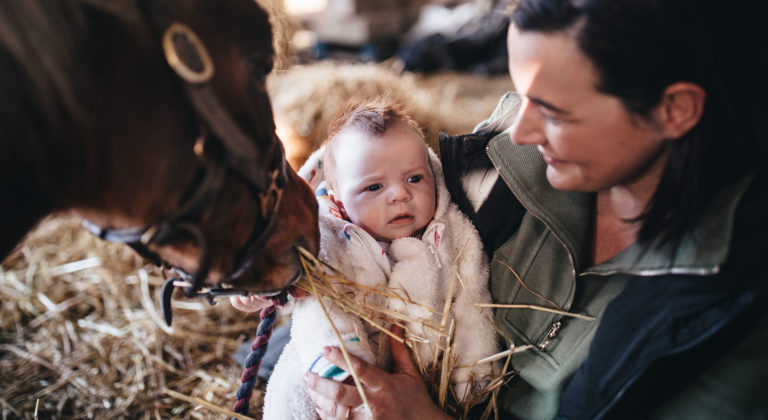 newborn baby meets horse