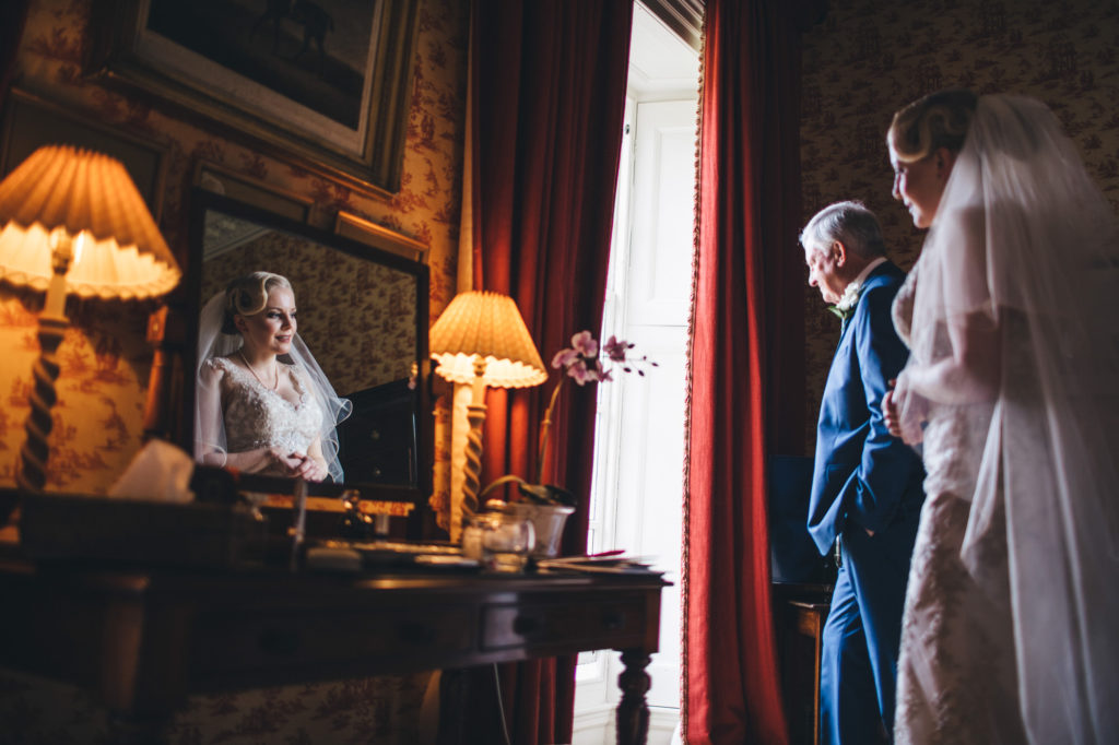 brides reflection in mirror