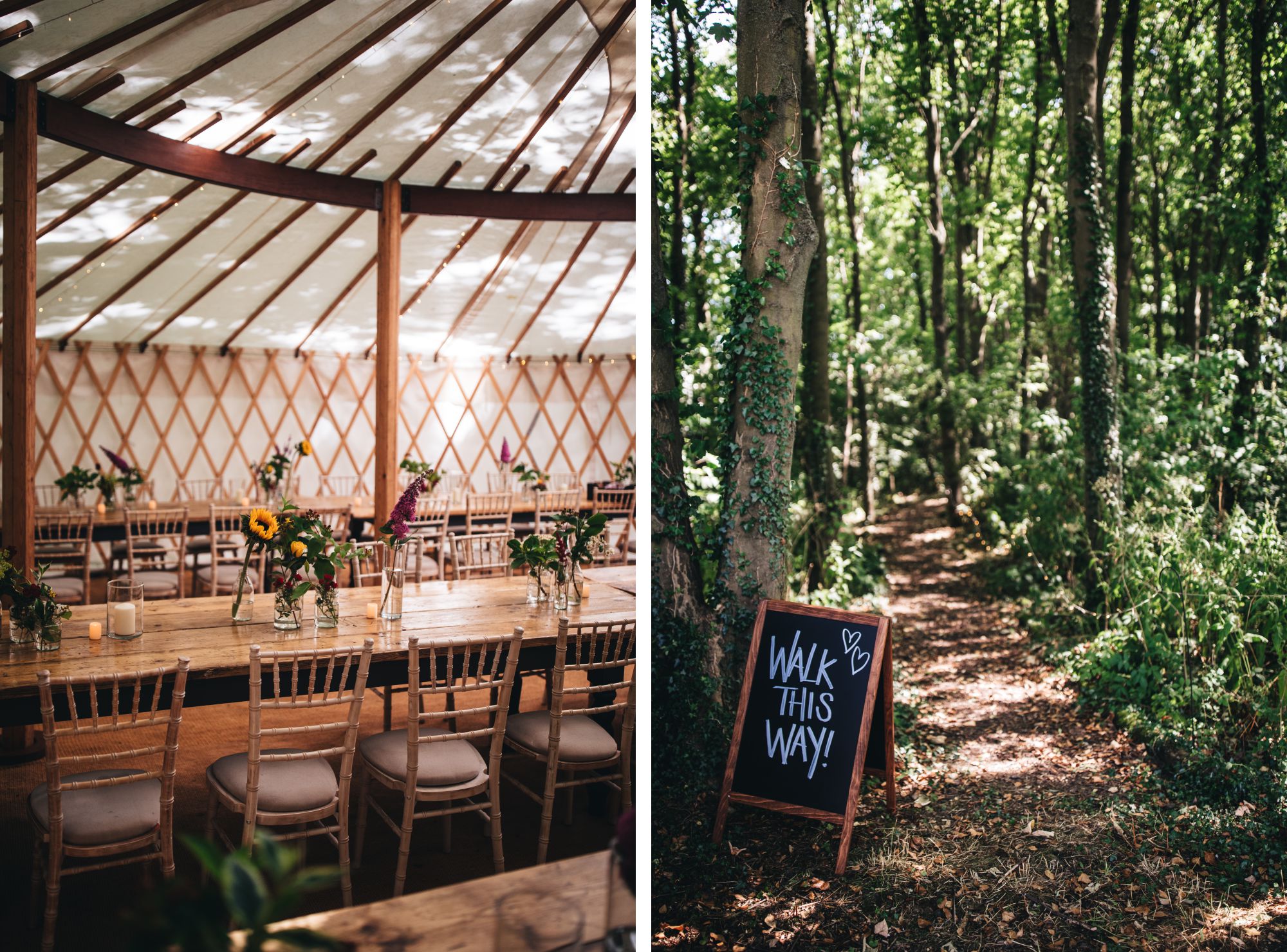 woodland walk sign and inside wedding yurt