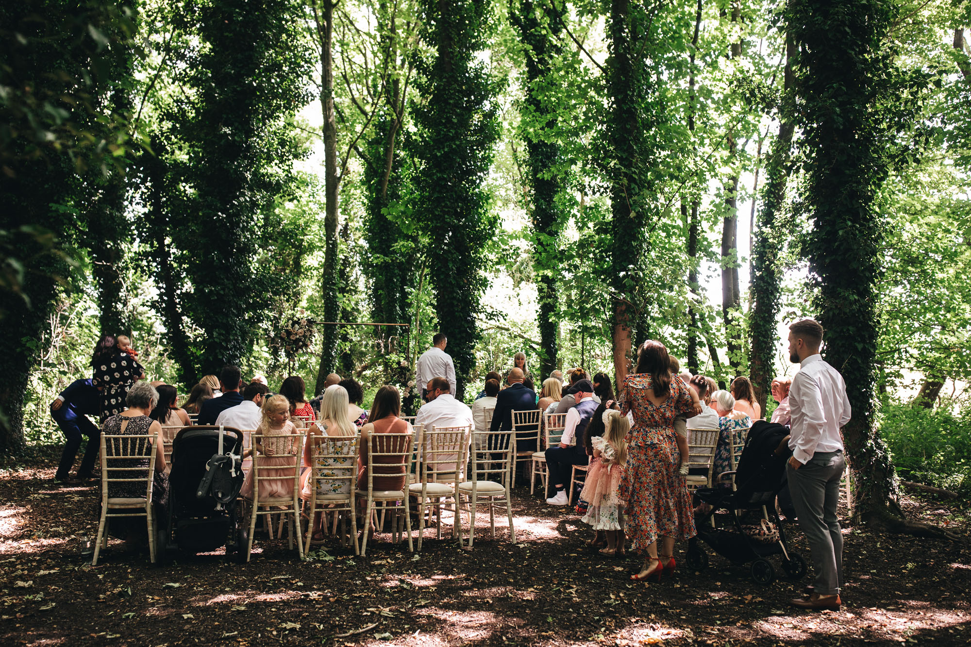 wedding guest take their seats in woodland for wedding ceremony amongst the tall trees