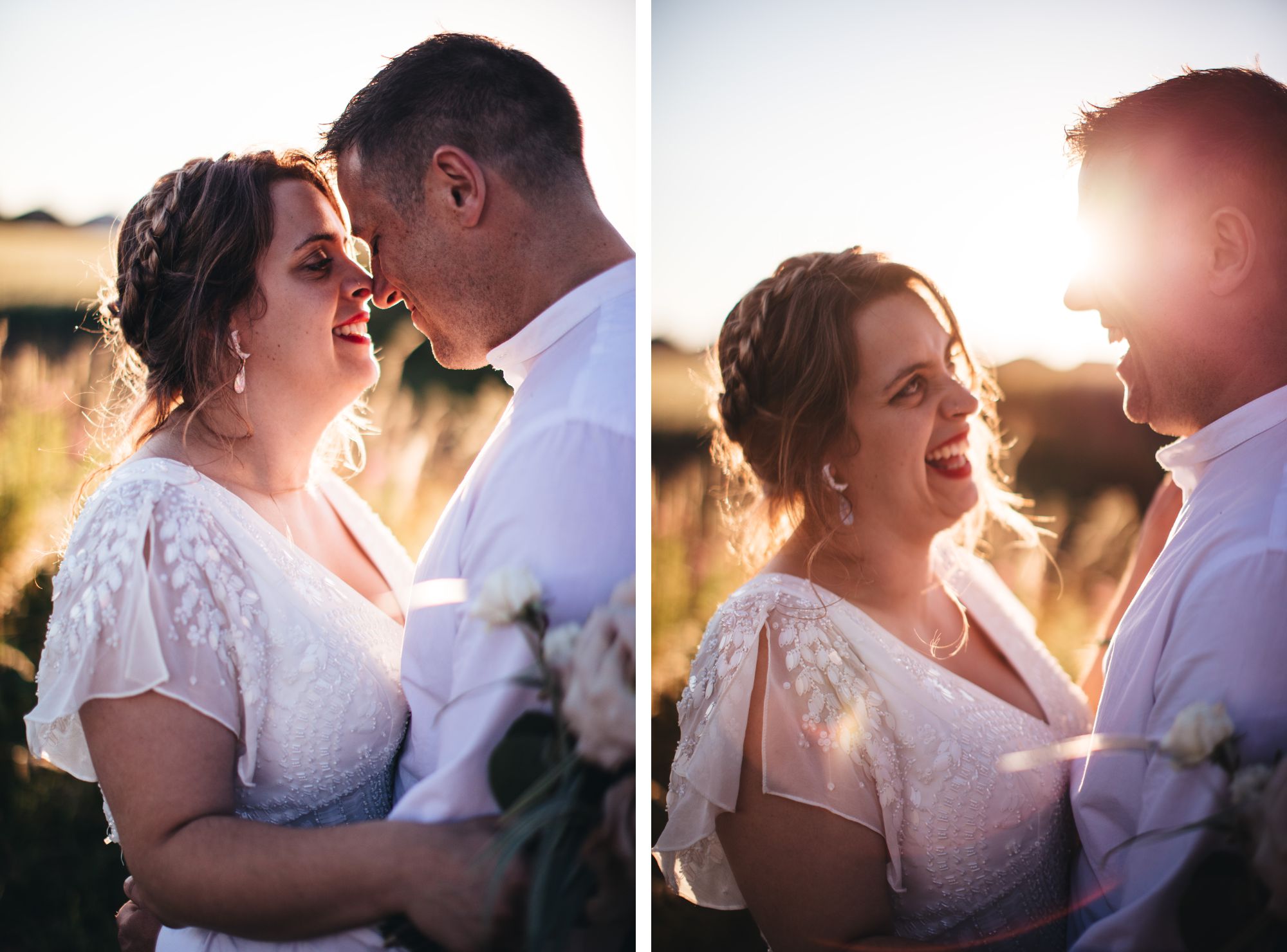 couple backlit by sunshine with their heads together in romantic photograph