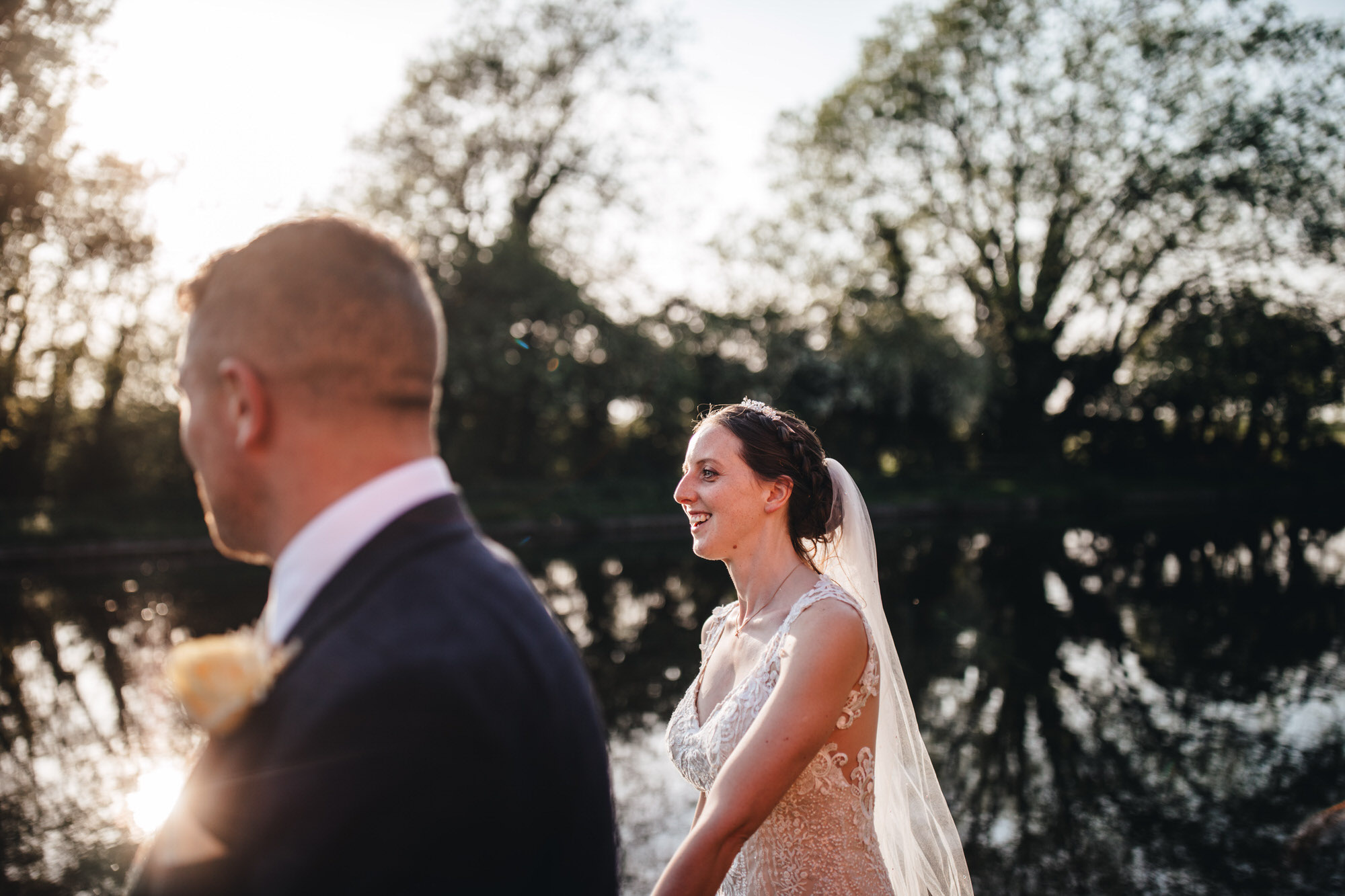 bride in sunlight by canal