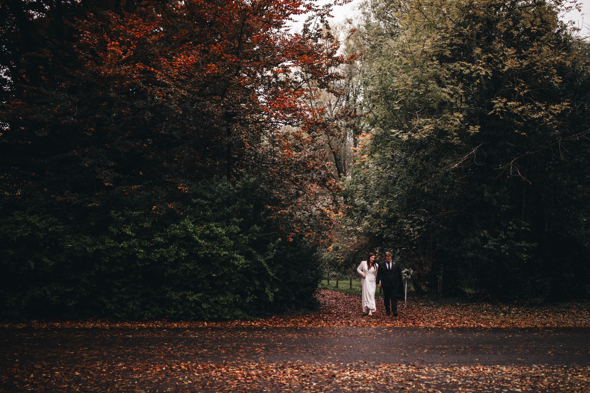 autumn colours as couple walk across street