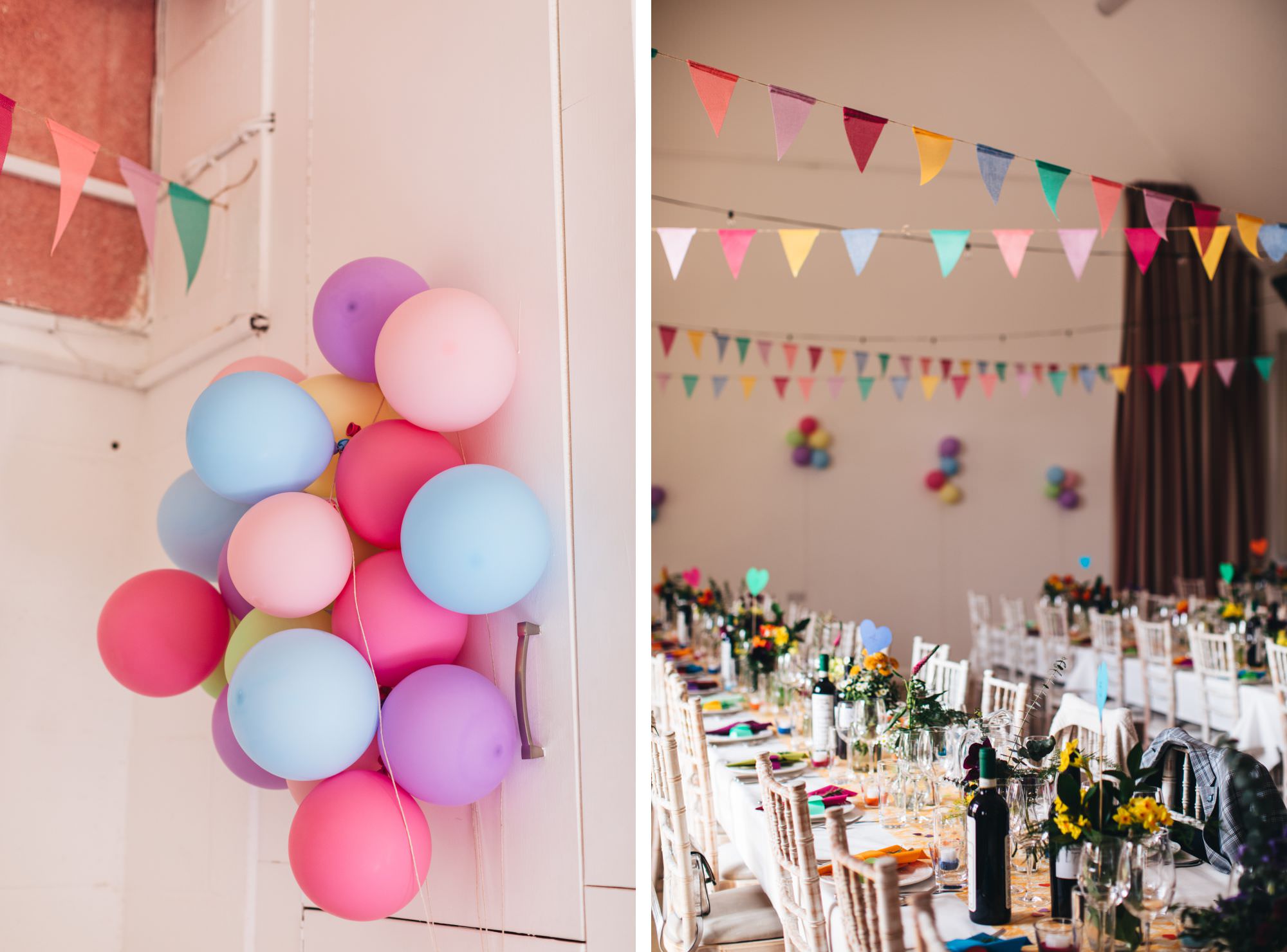 pink and blue baloons in hall