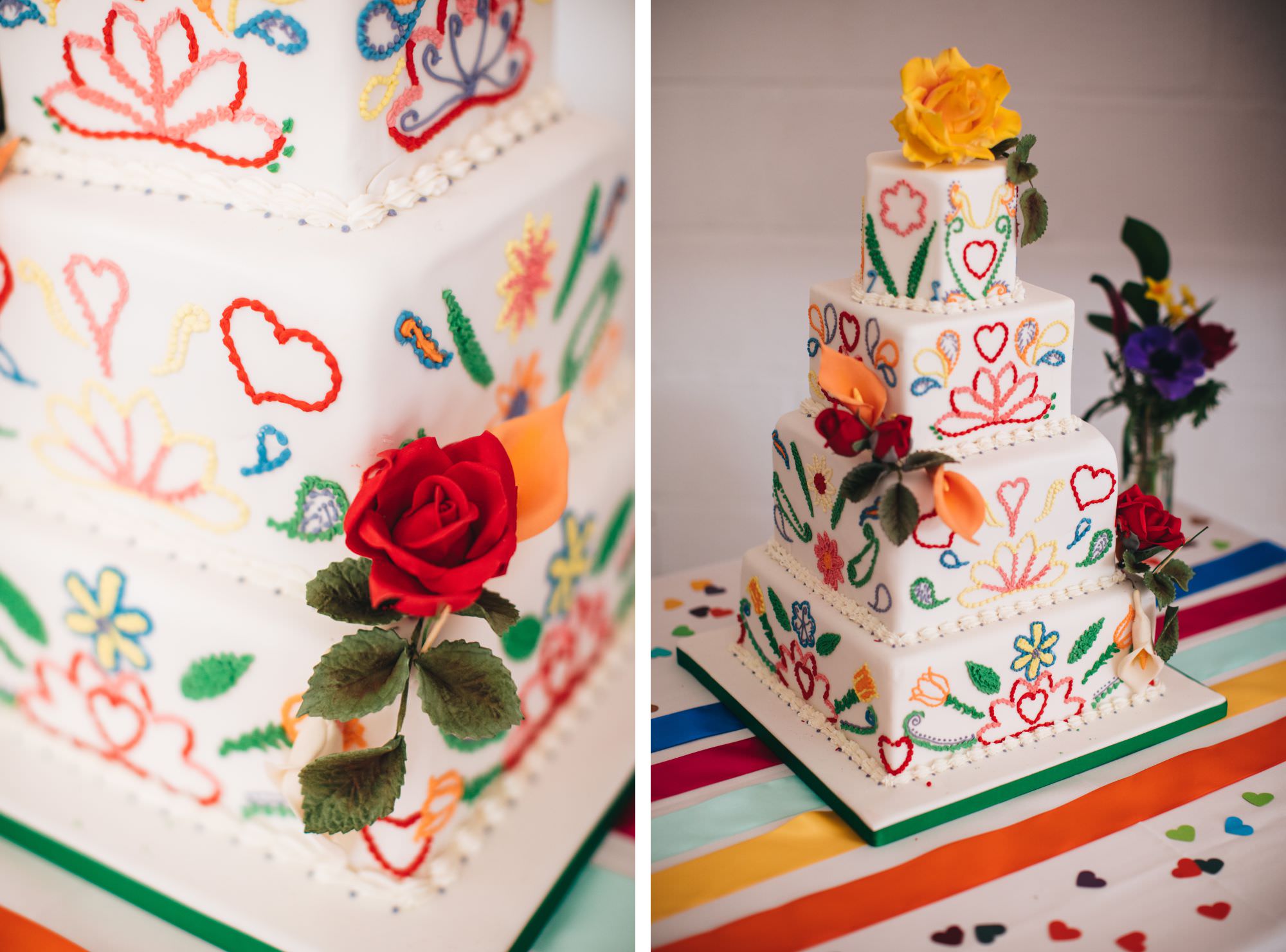 colourful four tiered wedding cake with flowers on