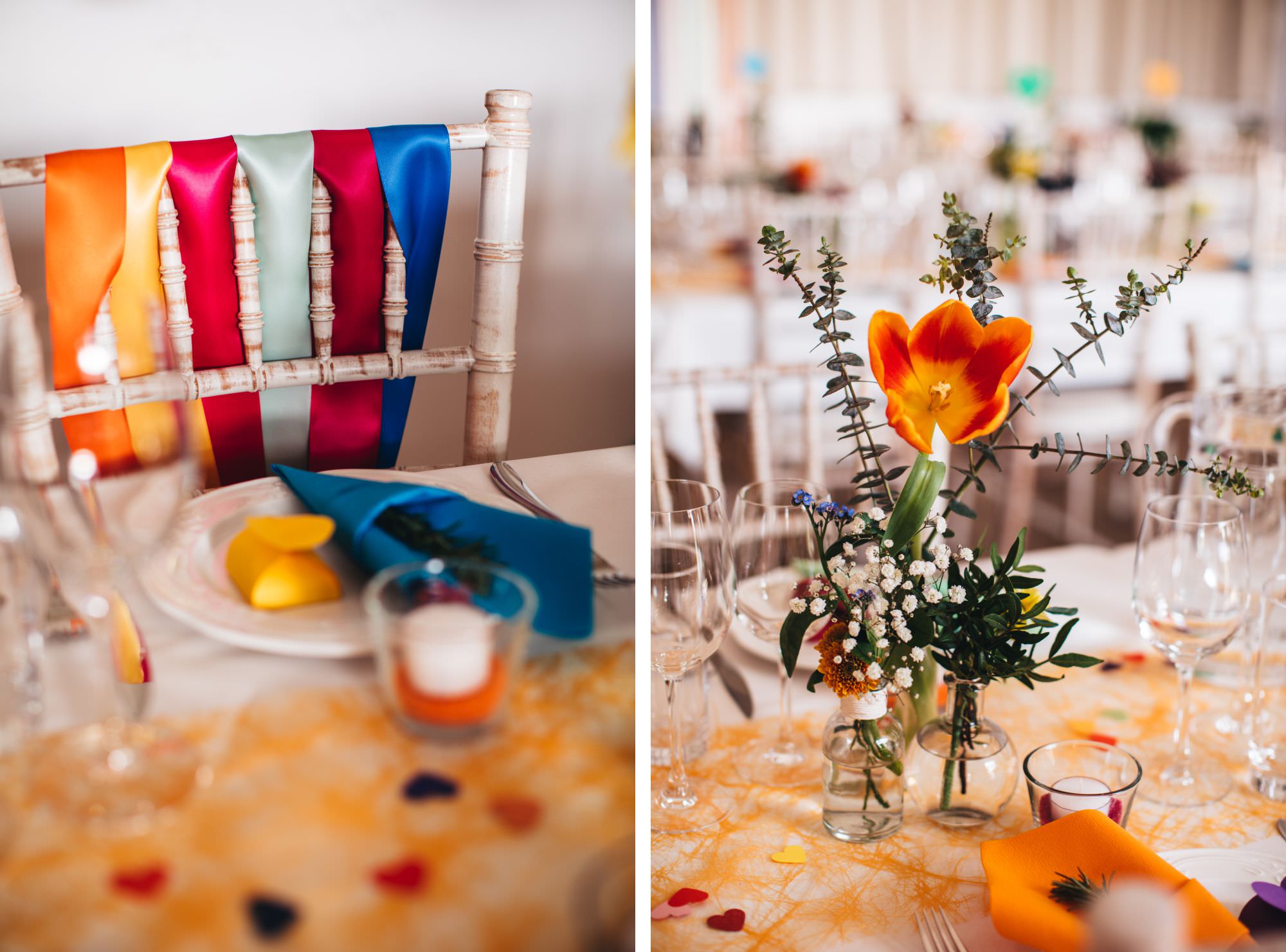 ribbons and flowers on trestle tables