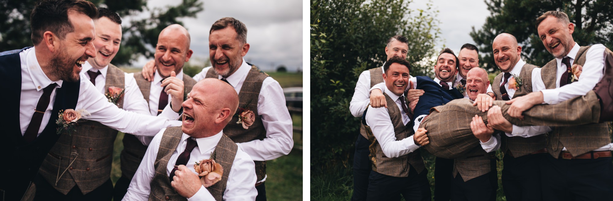 groom with friends as they lift him up messing about and laughing