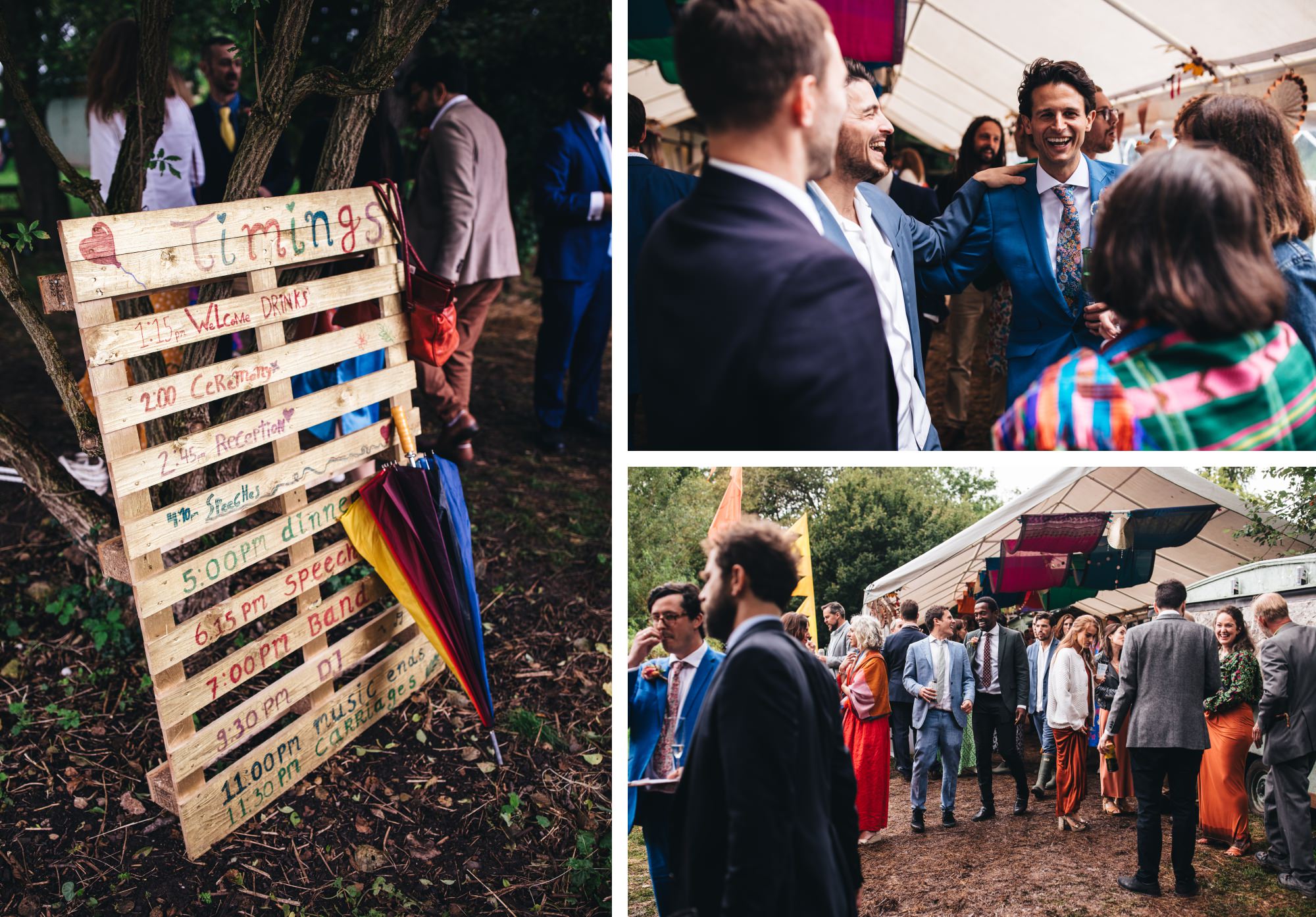 wedding schedule on wooden pallet, weddiing guests laughing and smiling, talking chatting