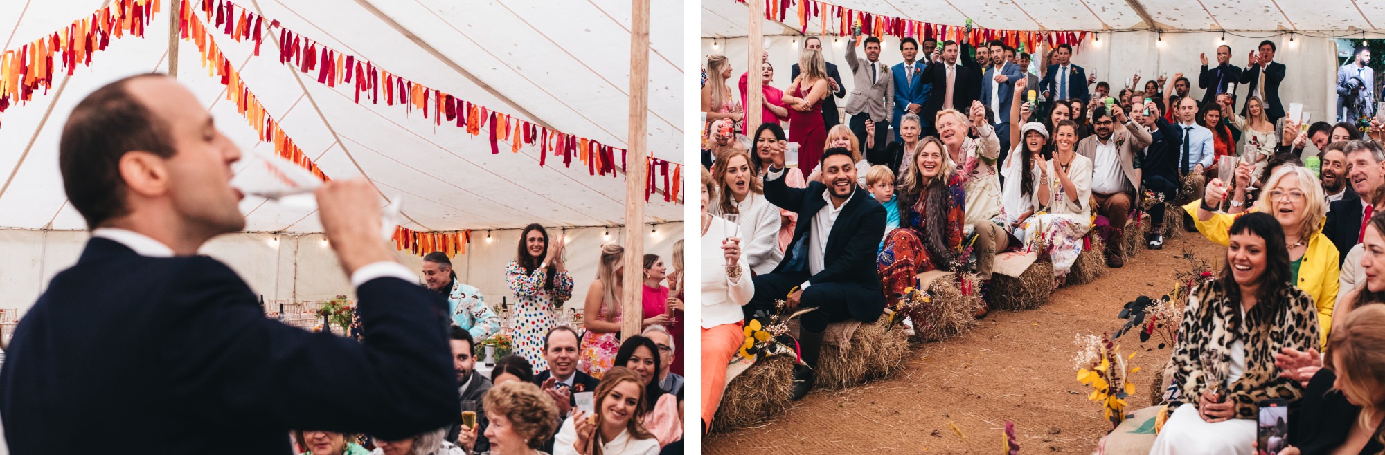 groom drinking from champagne glass before speech, guests sitting watching on hay bales
