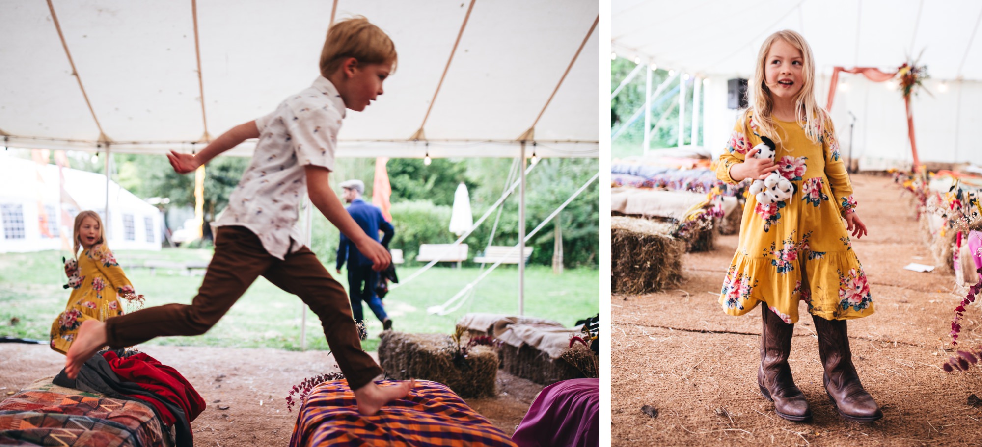 children playing around hay bales in marquee tent