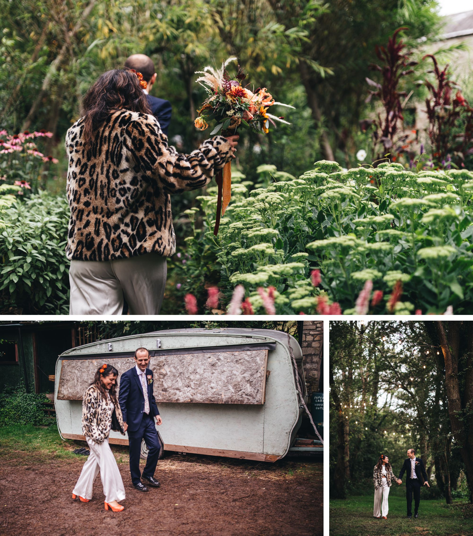 bride and groom walking through woodland gardens, past caravan, bride wearing silk jumpsuit and leopard print jacket
