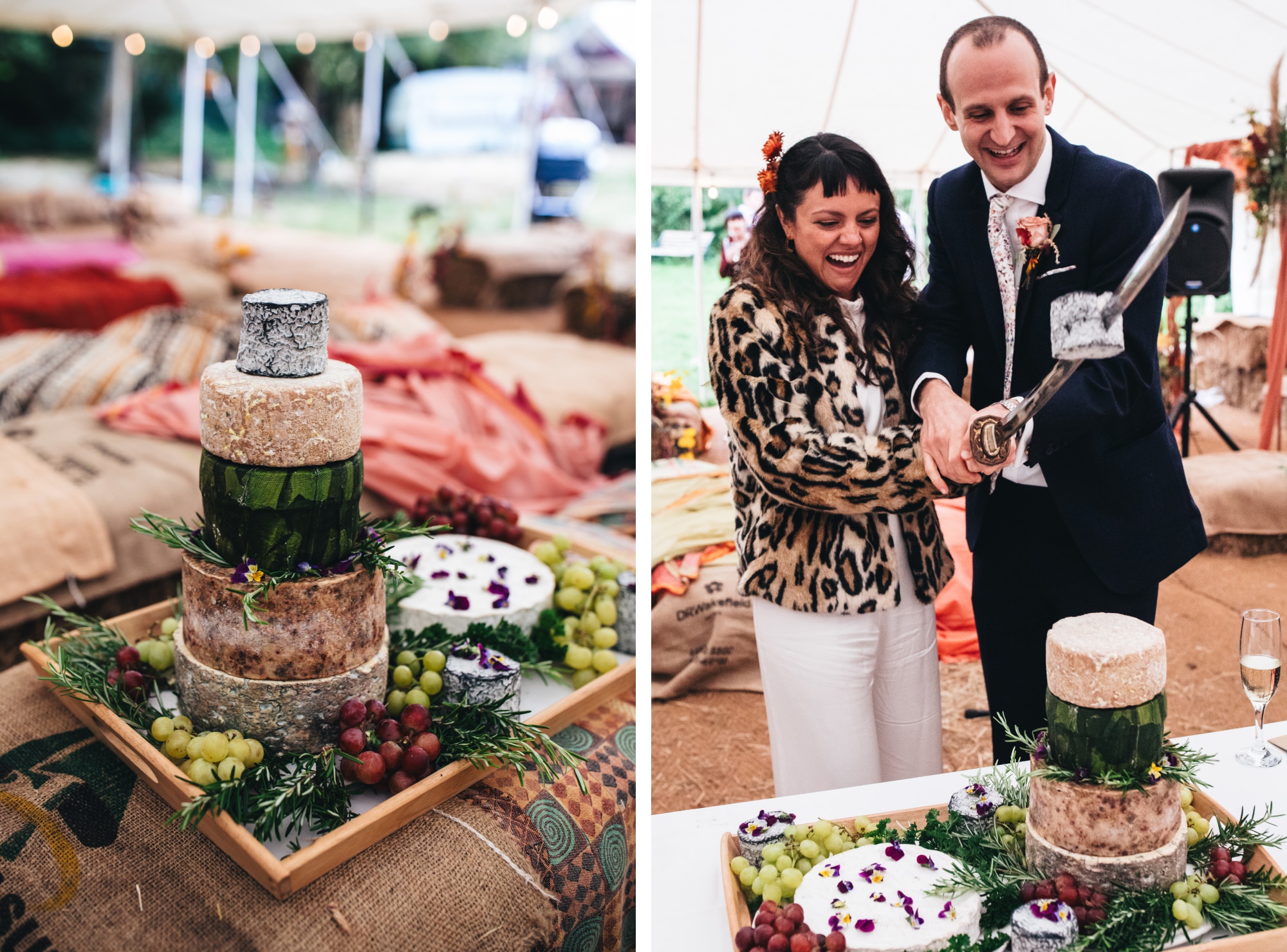 bride and groom cut giant cheese wheel cake with samurai sword