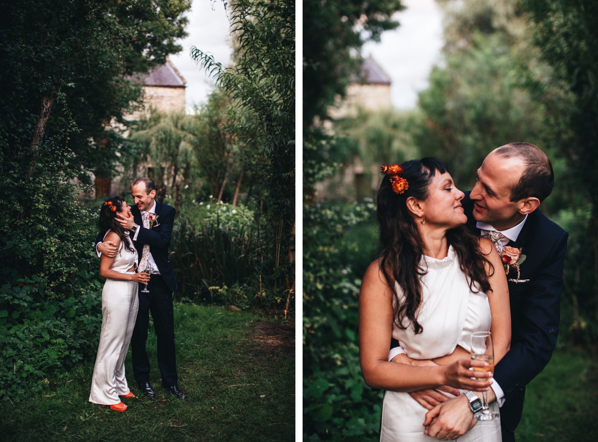 couple's shots of bride and groom smiling and cuddling in woodland