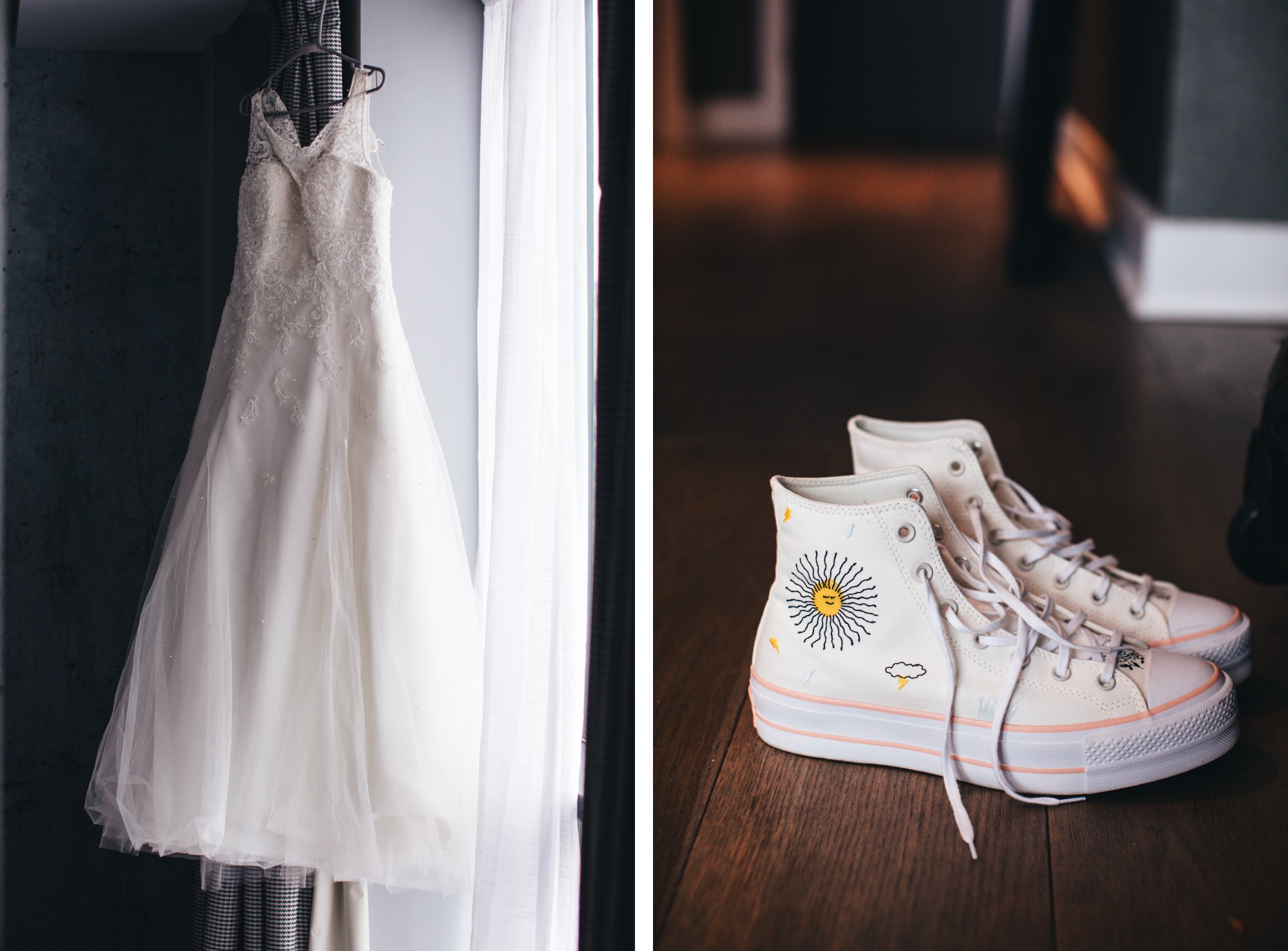 close up details, wedding dress and white wedding plimsolls, trainers
