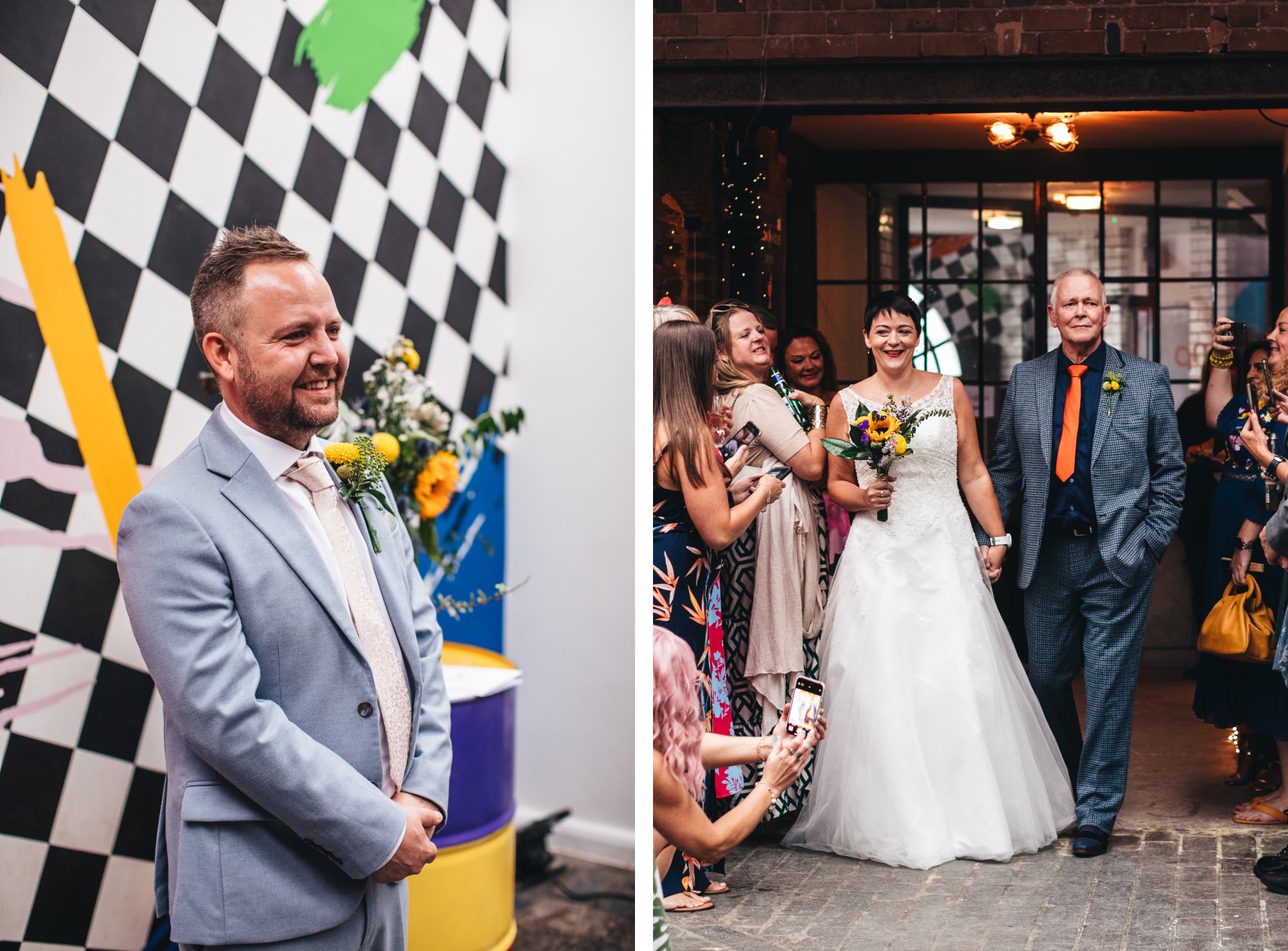 groom spots bride walking down the aisle with sunflower bouquet and father