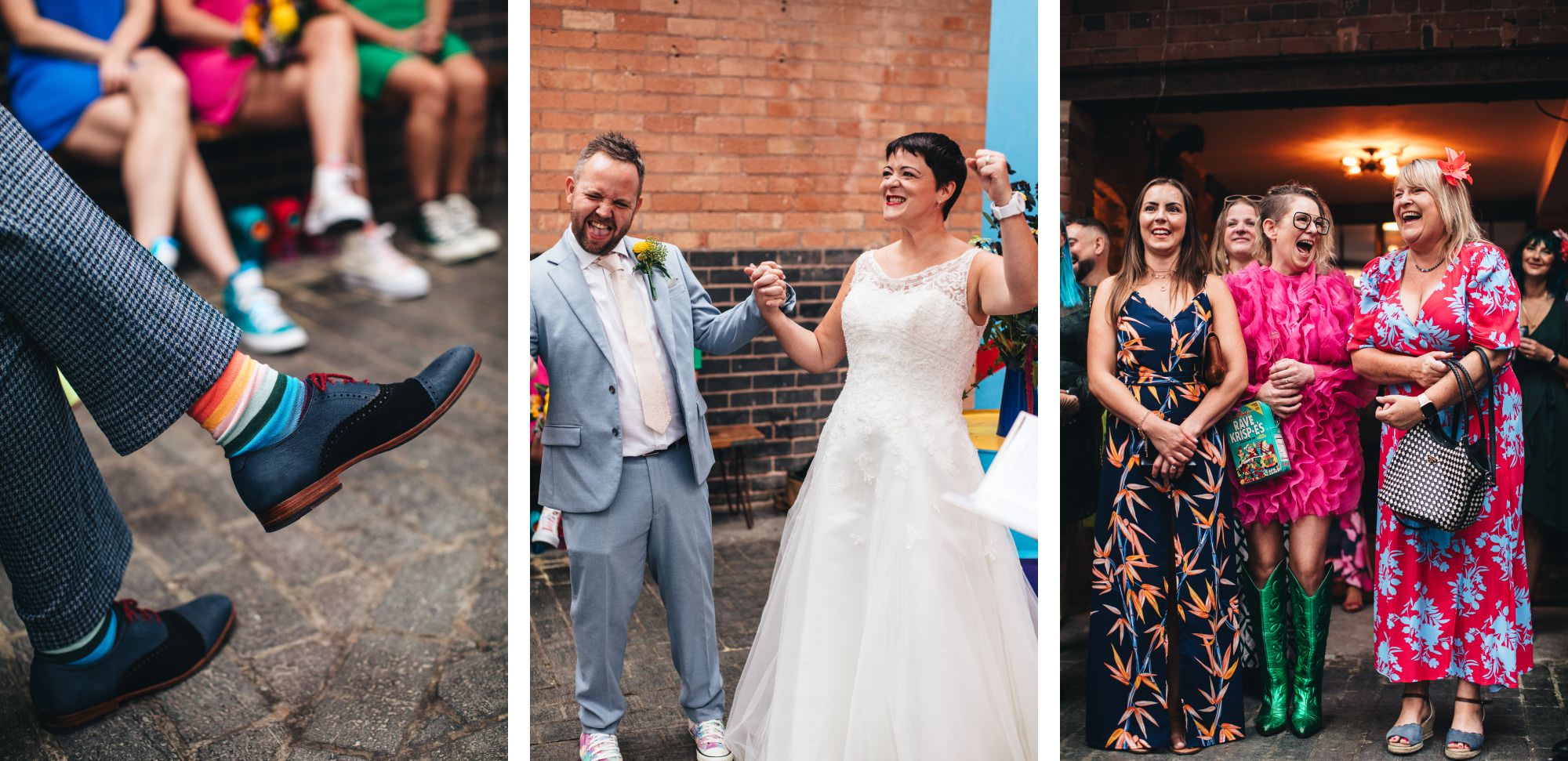 rainbow socks, bride and groom celebrate with fists in air, colourful wedding guests laughing