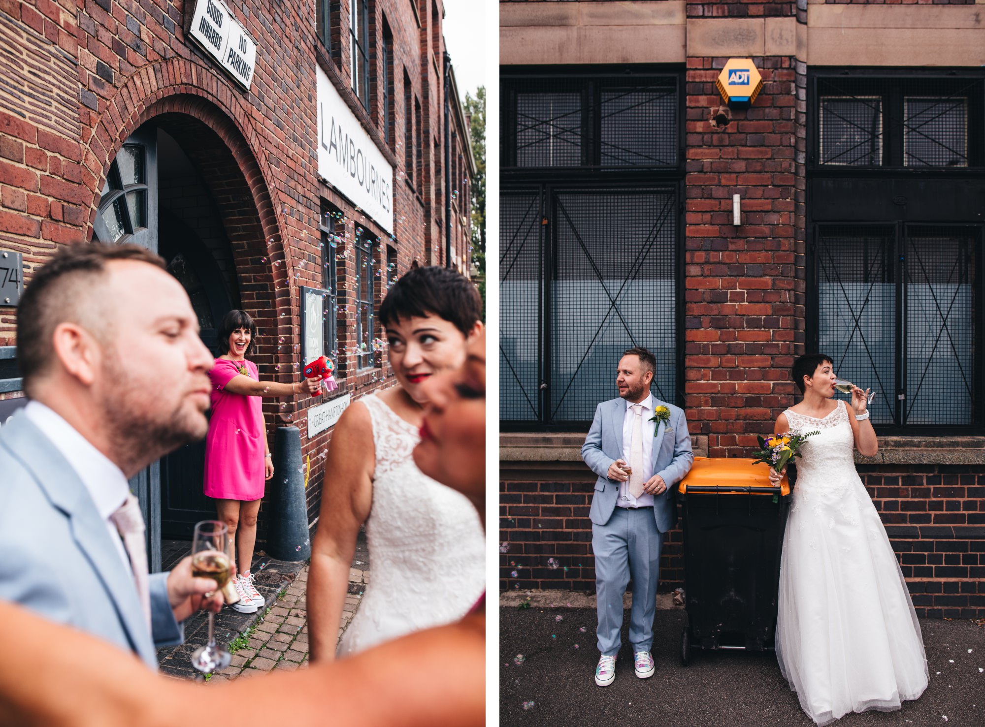 bride and groom standing next to bin, bridesmaid blasting bubbles