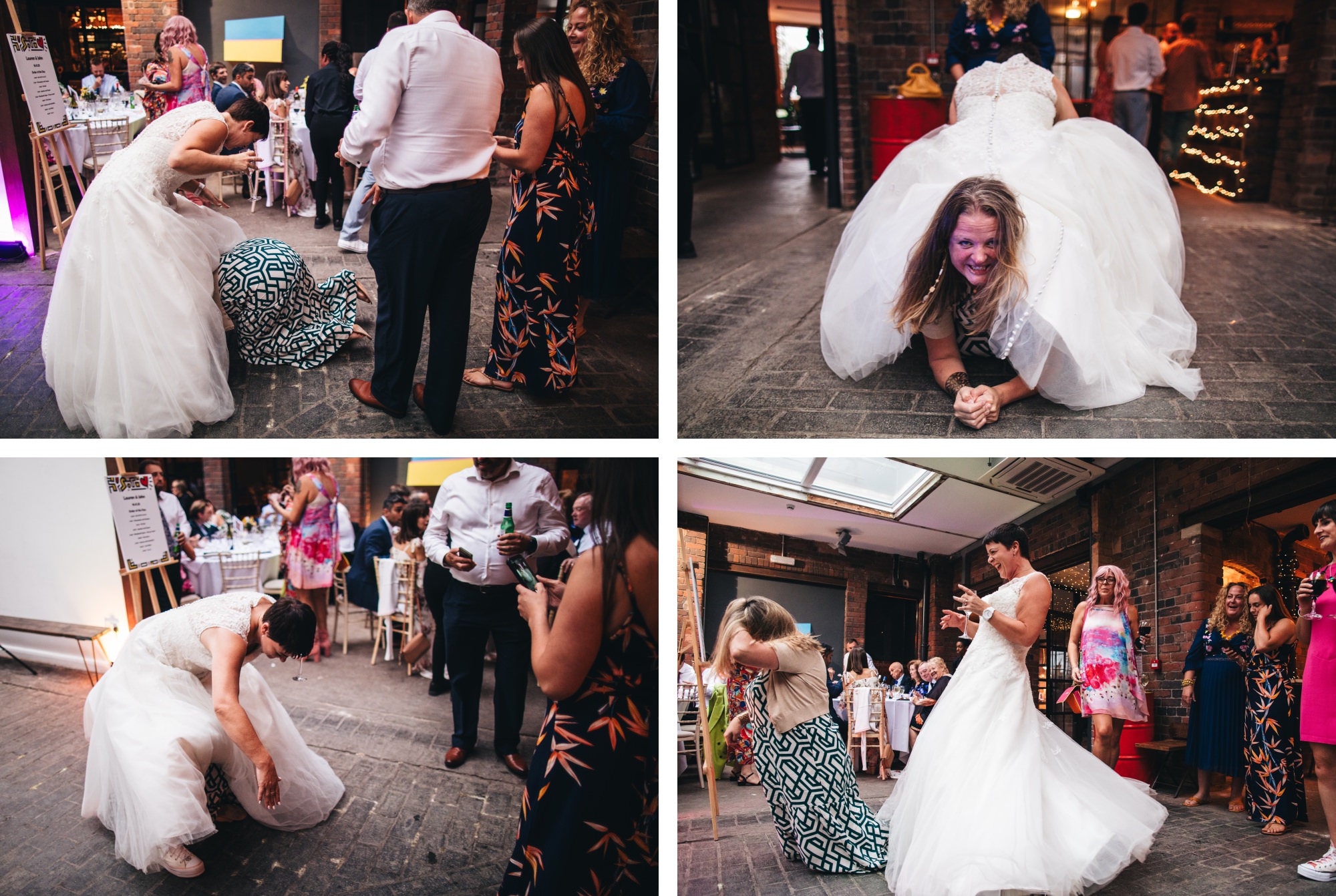 guest crawling on floor through bride's chiffon dress skirt
