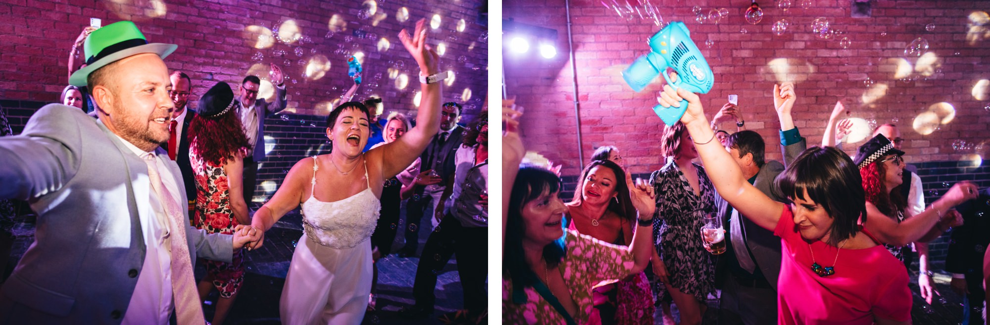 bride and groom dancing, bridesmaid with bubble gun