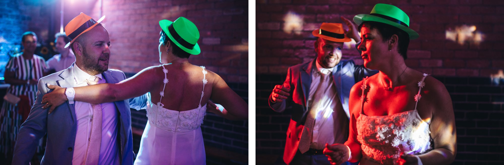 bride and groom in dress up trilby hats on dancefloor