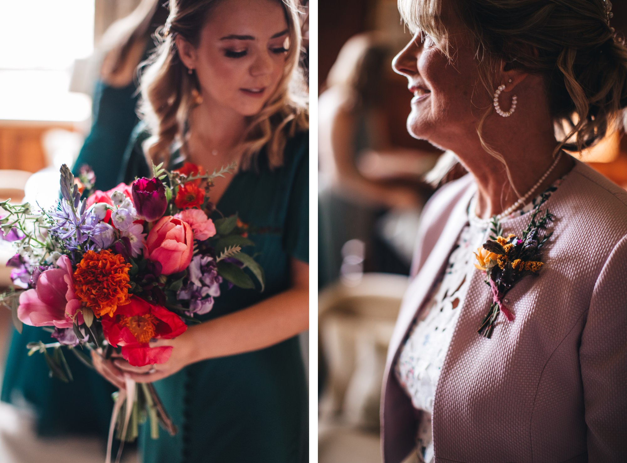 bridesmaid holds bouquet, mother of the bride wearing buttonhole flowers