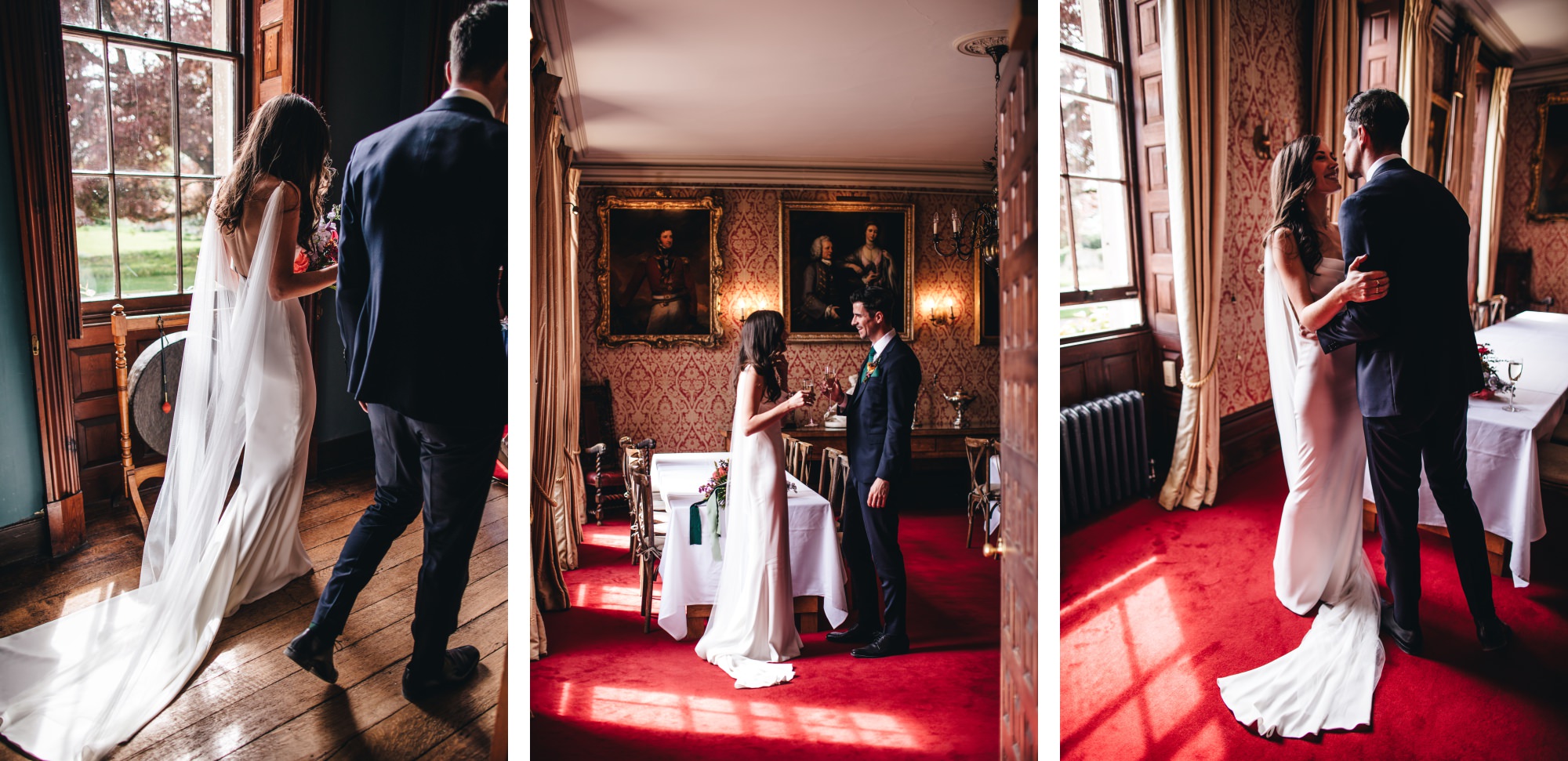 bride and groom together inside Elmore Court interiors