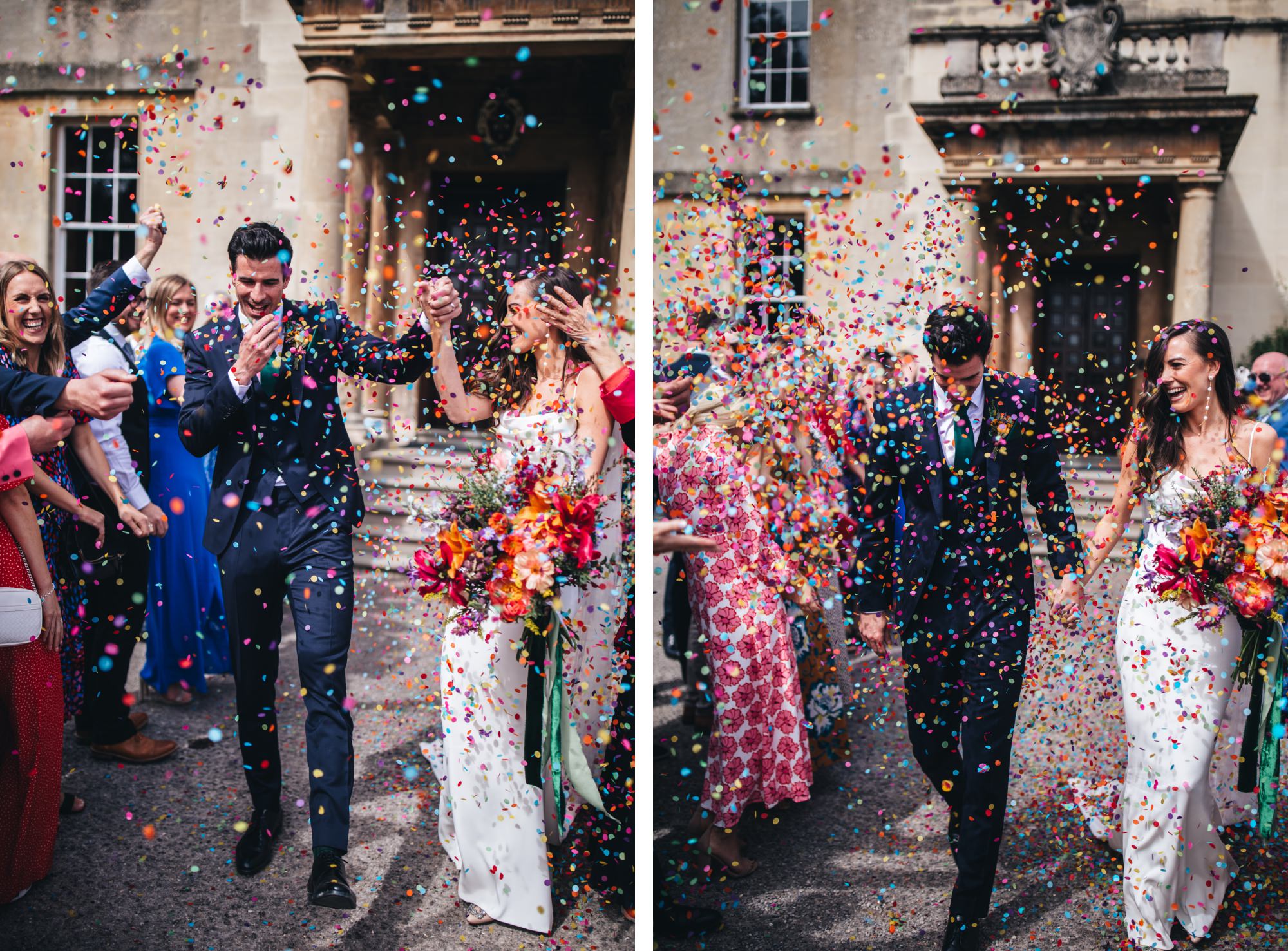 bride and groom laughing as wedding guests throw confetti outside Elmore Hall