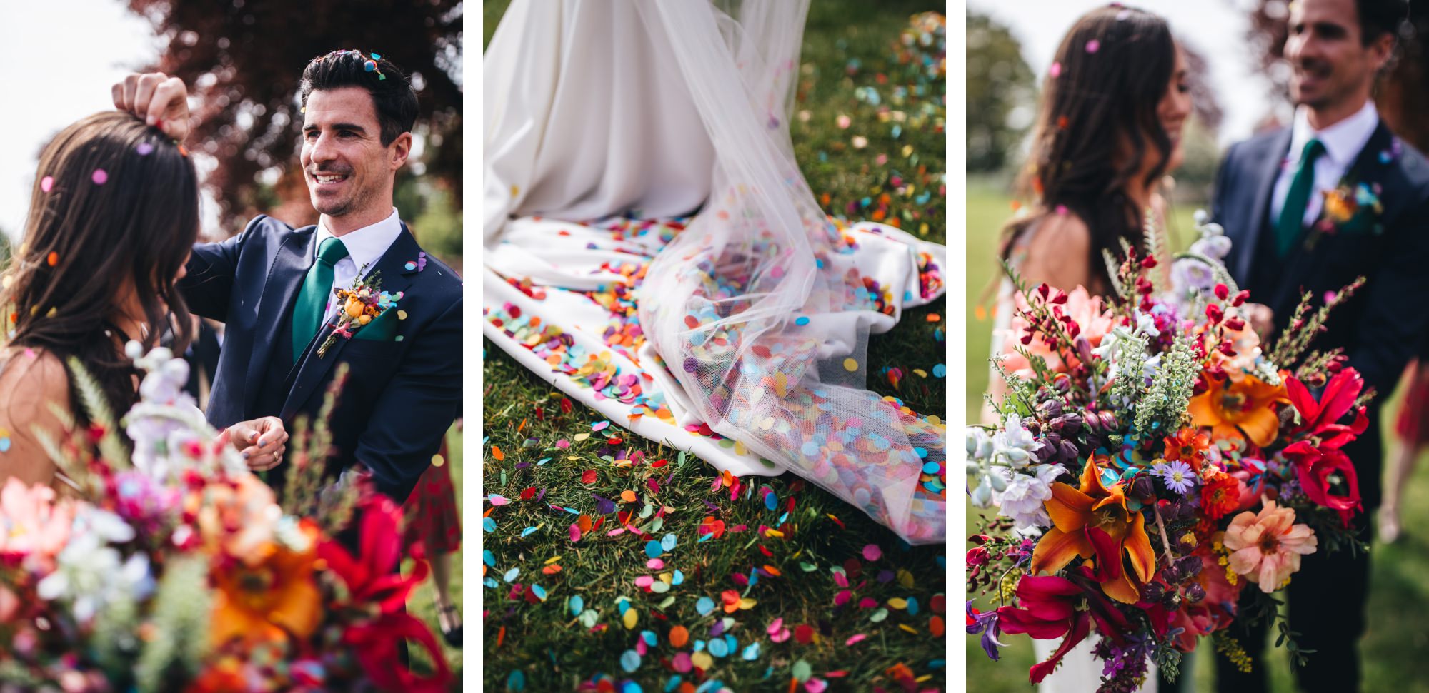 bride and groom with coloured paper confetti holding Wren and May wedding bouquet flowers