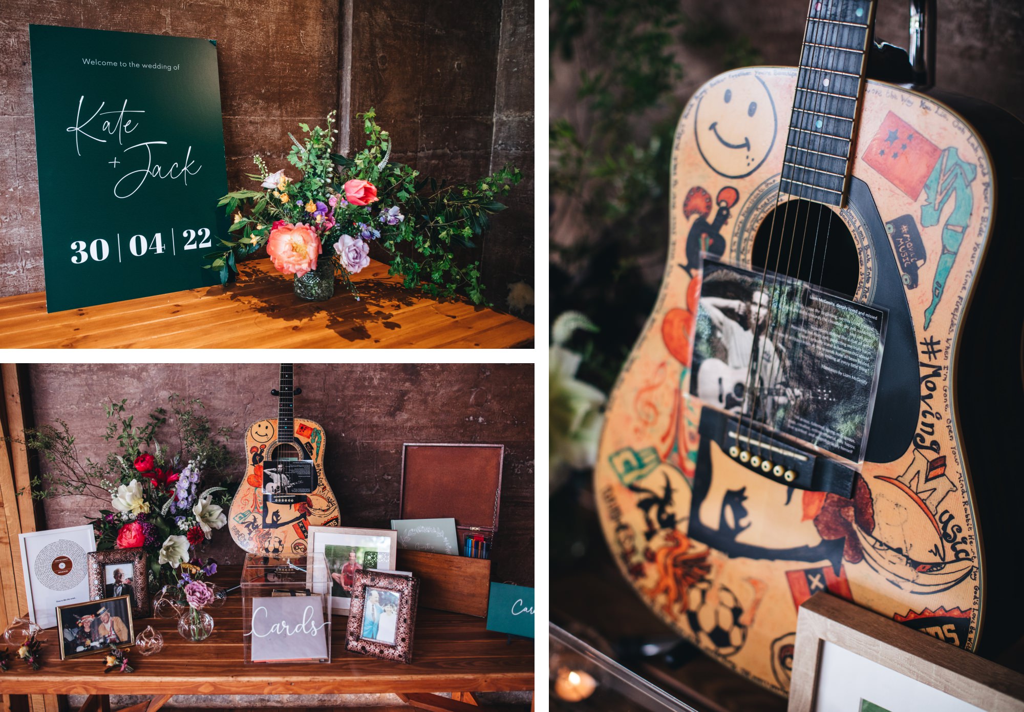 wedding details, doodled guitar, Wren and May floral arrangement