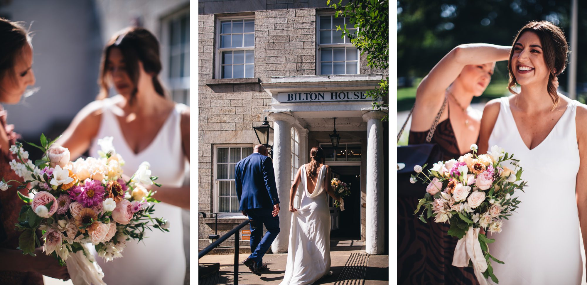 rose and lily bouquet, bride walking into Bilton House with backless wedding dress