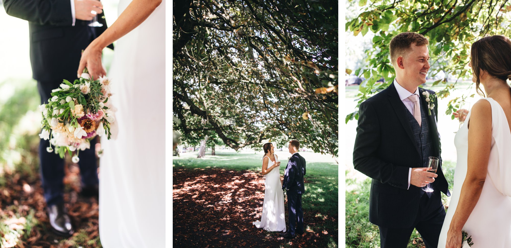 bride and groom under tree, smiling, looking at one another, couple's shots
