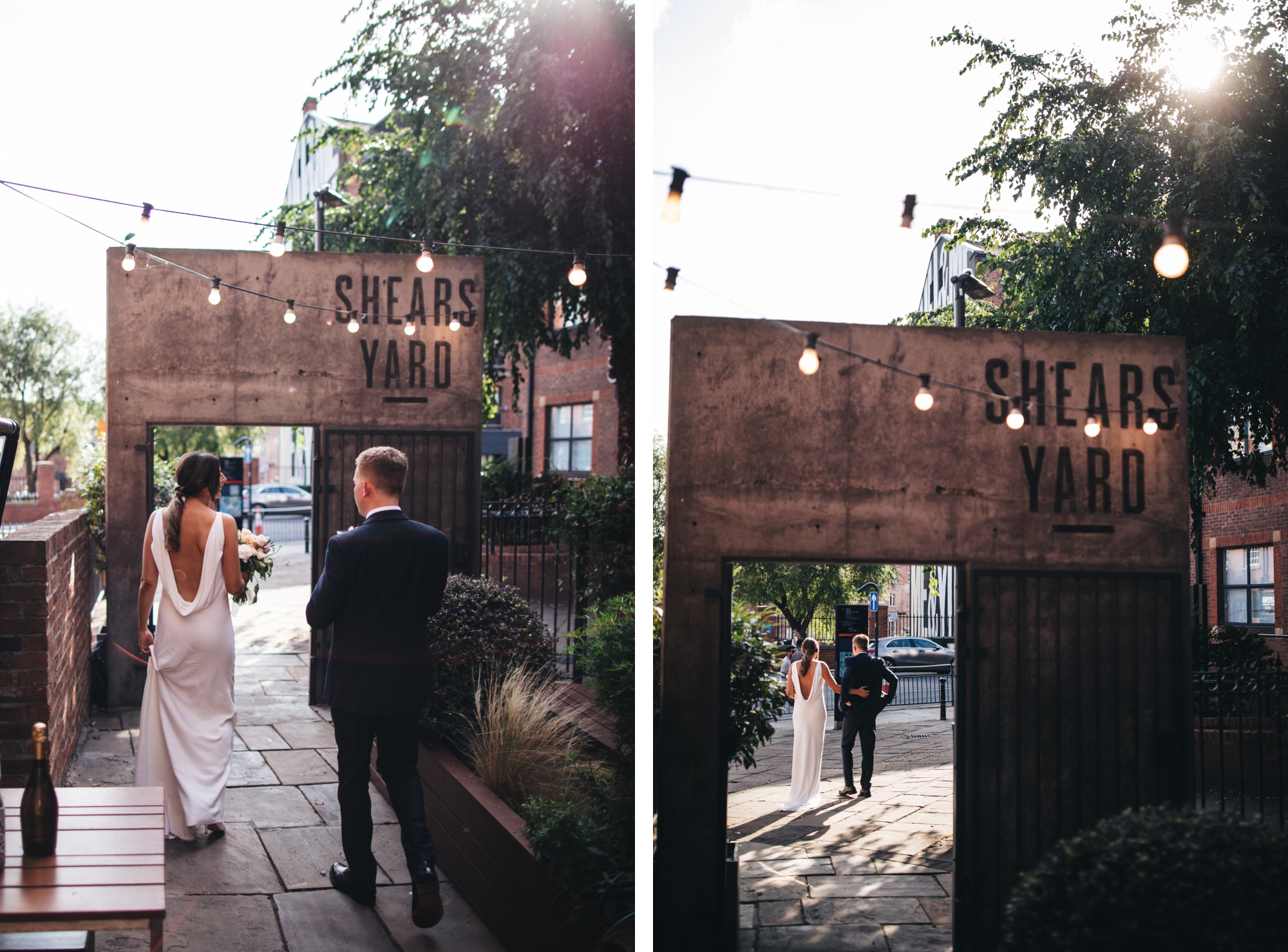 bride and groom walking through exteriors shears yard