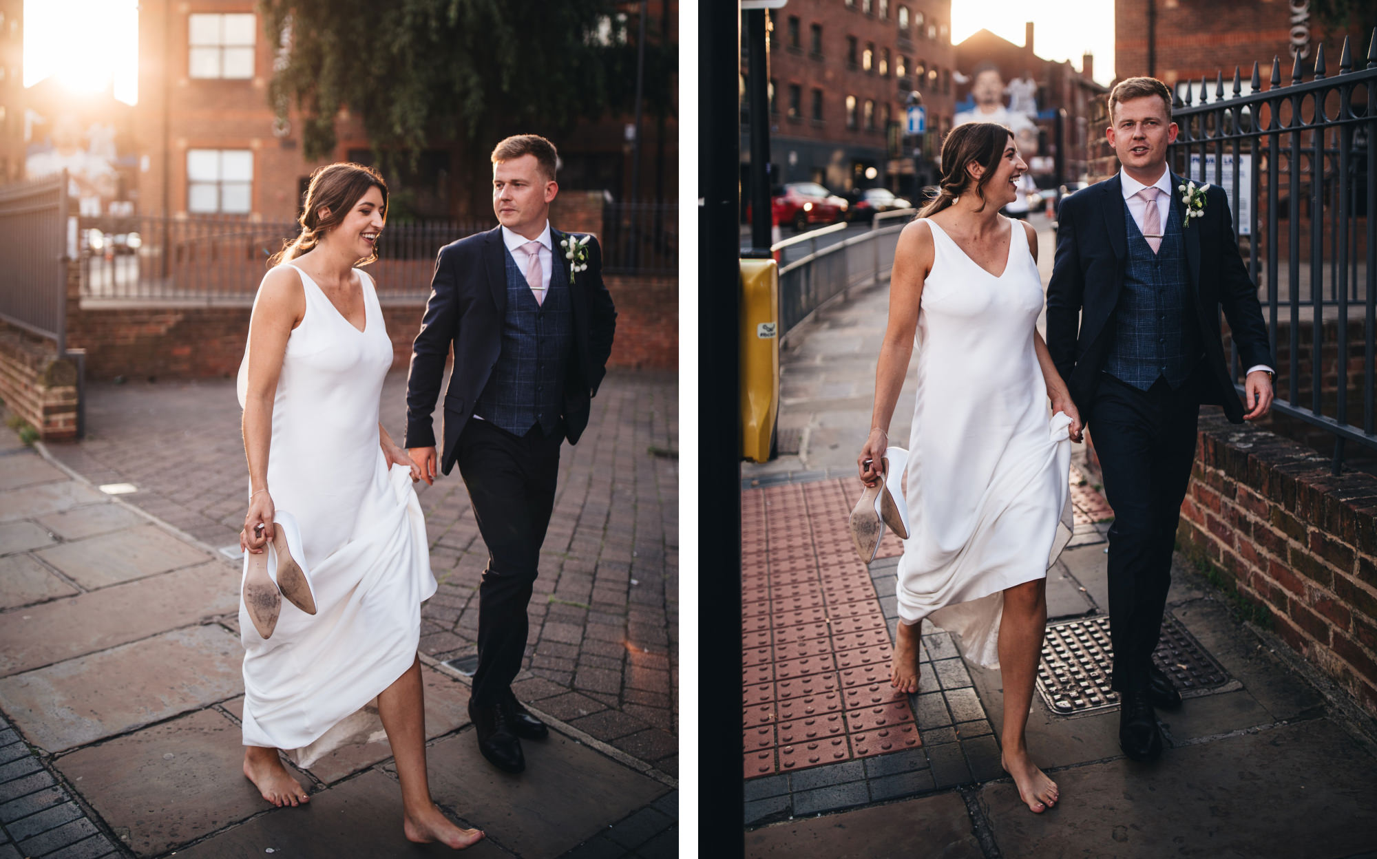 barefoot bride and groom walking together through Leeds city